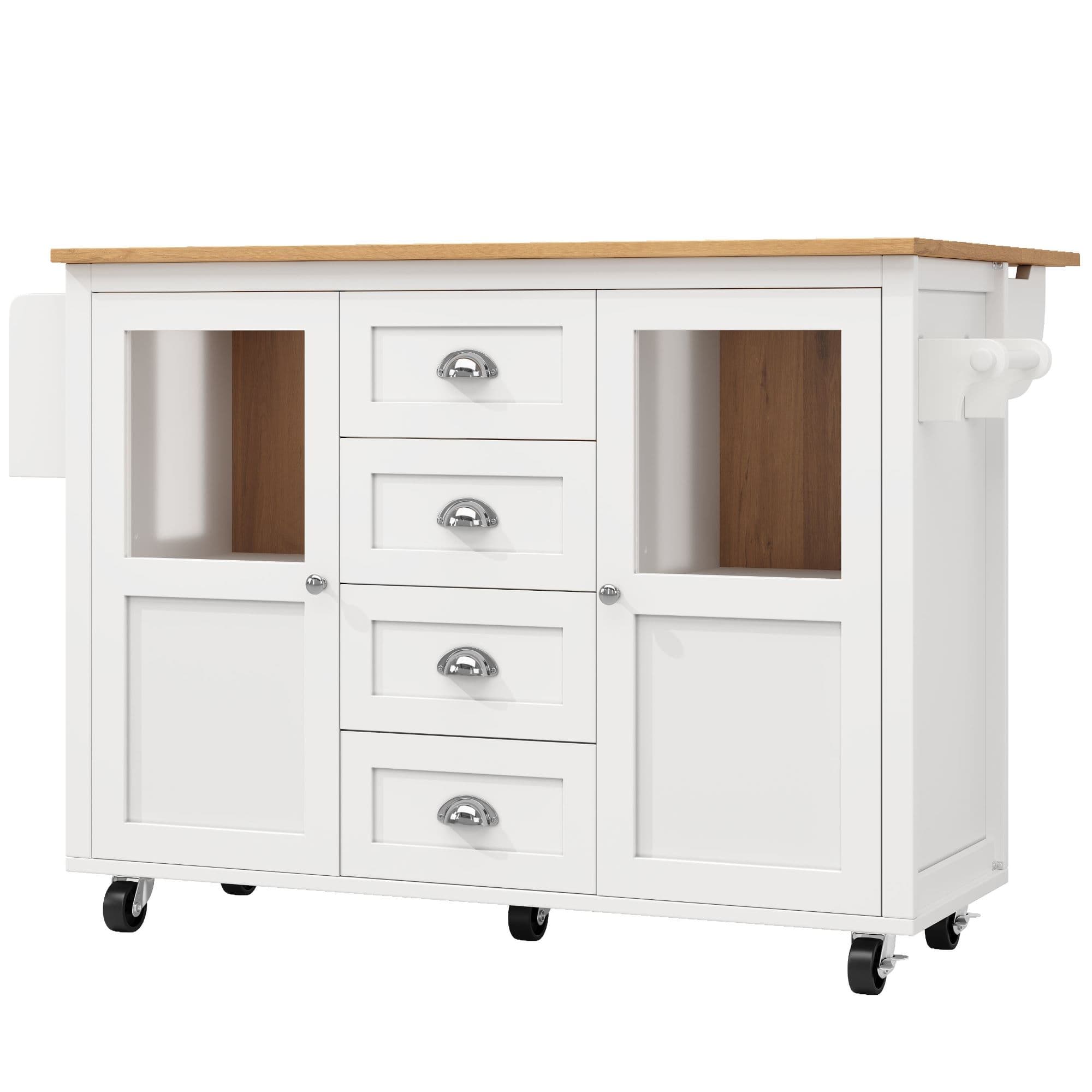Îlot de cuisine avec plateau réglable, deux portes et quatre tiroirs, 137,9x45/73x92,5 cm, Blanc