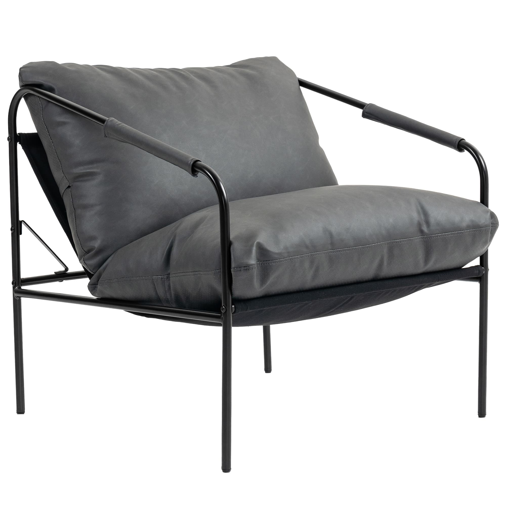HOMCOM Fauteuil de salon en cuir PU et structure métallique avec coussins épais, 74.5x75x77 cm, Gris charbon