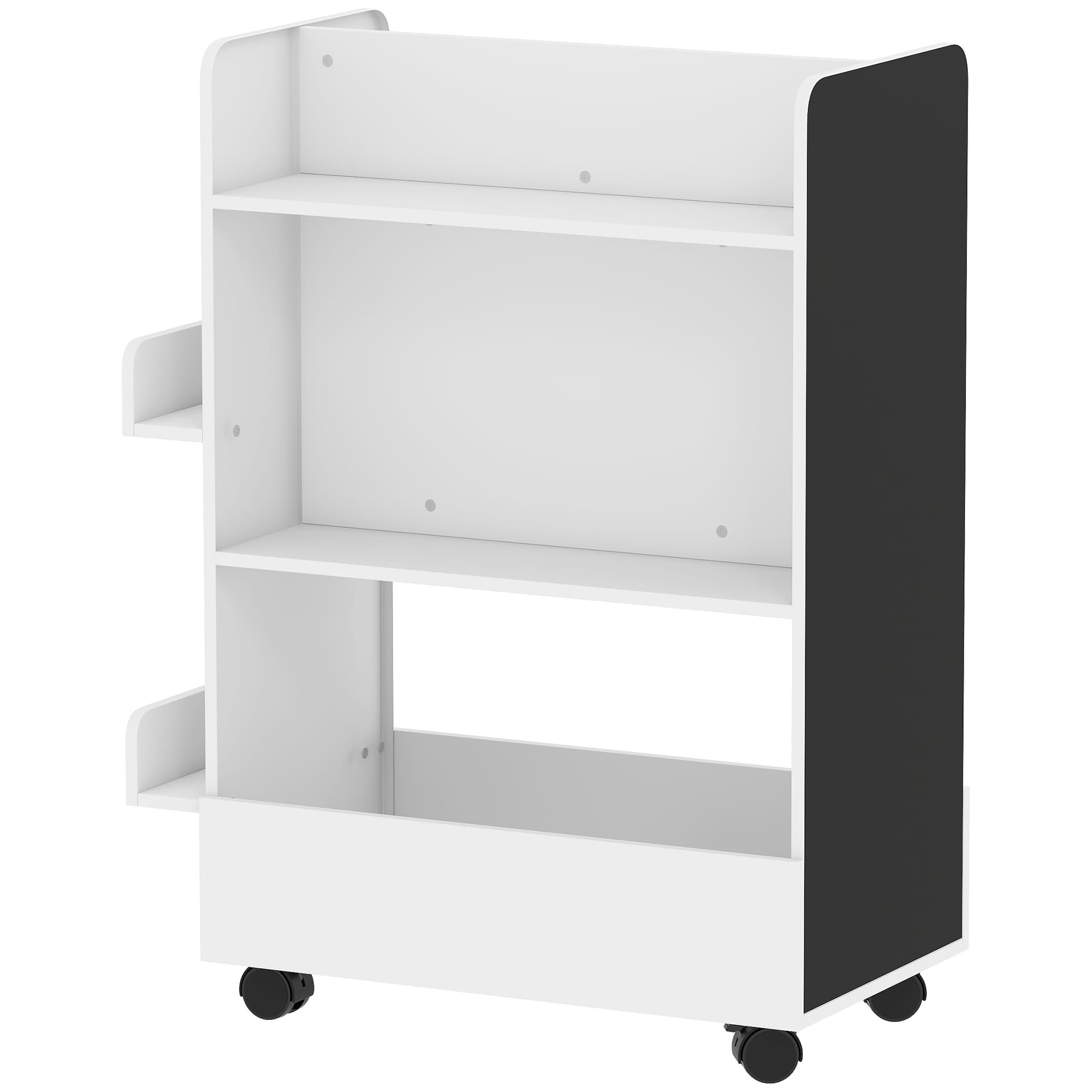 AIYAPLAY Bibliothèque pour Enfants 3-8 Ans à Deux Faces, Étagère Porte-jouets avec Roulettes et Tableau Noir, Blanc