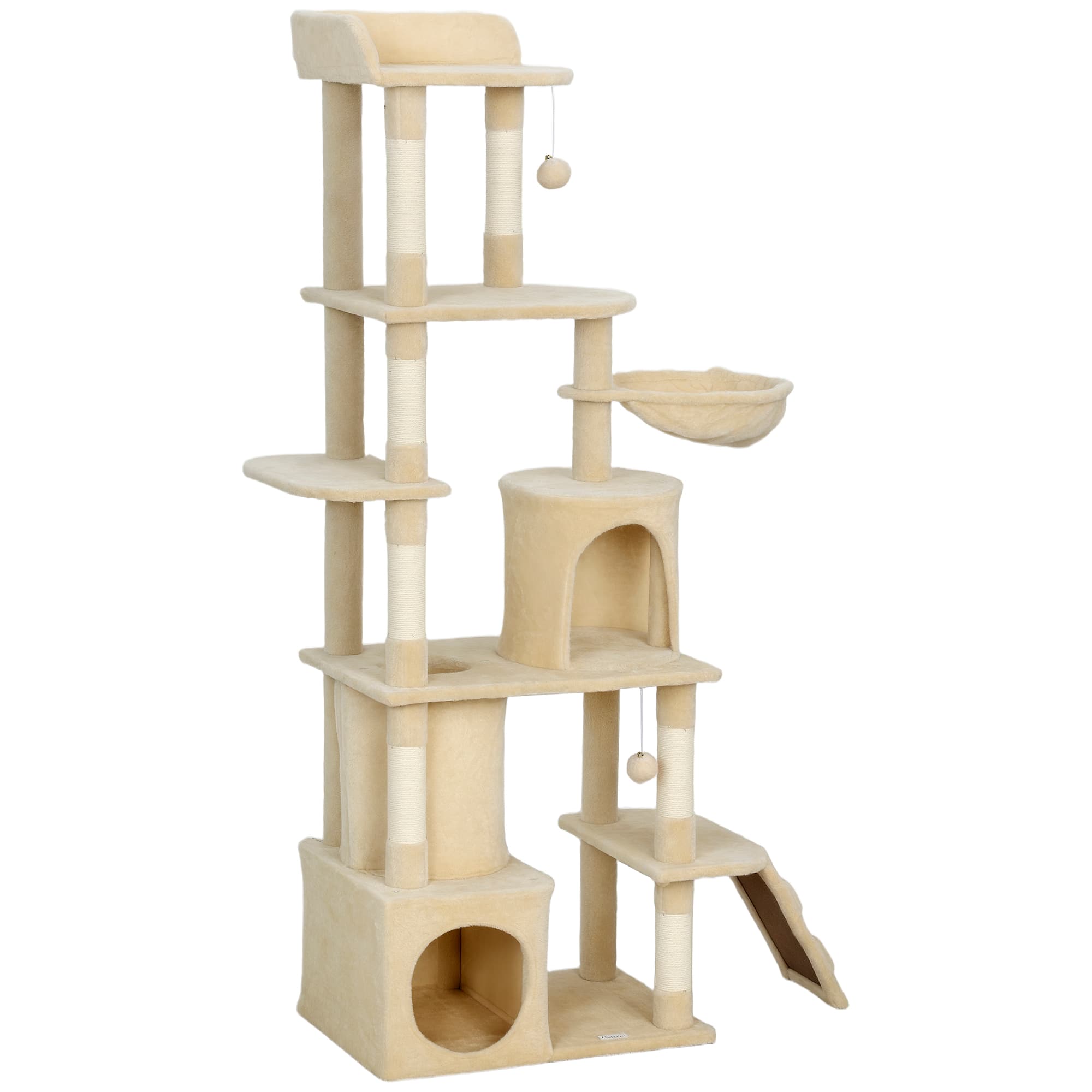PawHut Arbre à griffer pour chats grand Hauteur 170 cm avec 7 poteaux 1 tunnel 3 plateformes 2 grottes 1 hamac Beige