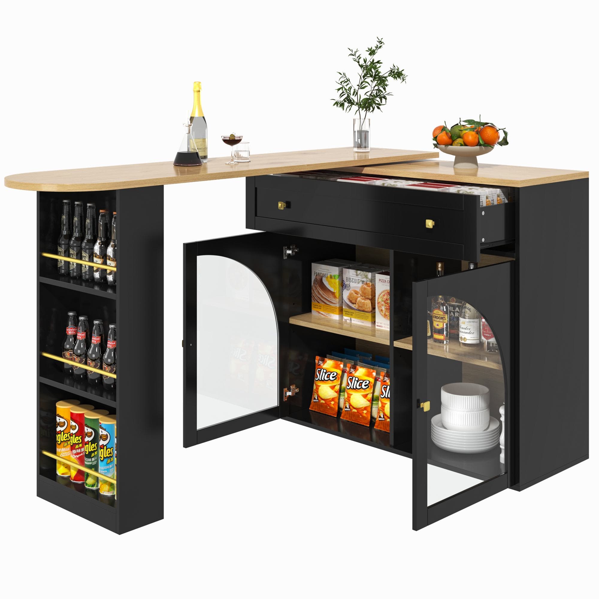 Table de bar extensible avec rangement, bar repas pivotant à 360° avec étagère latérale à 3 niveaux et portes en verre de sécurité, 138-204x39x104 cm, Noir