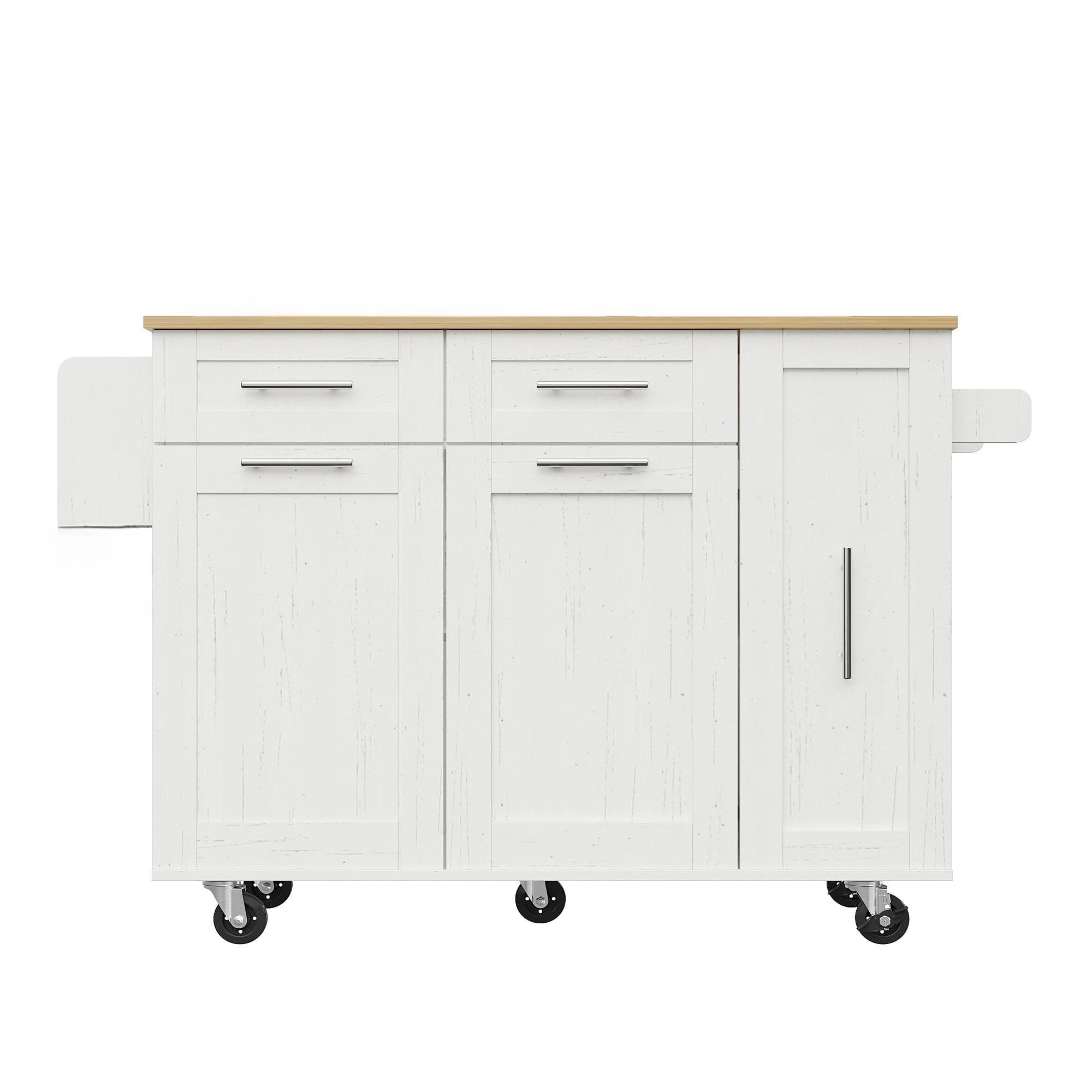 Îlot de cuisine avec plateau de table rabattable, desserte avec étagères à snacks et placards extensibles, 134,5x46/74x90,5 cm, Blanc