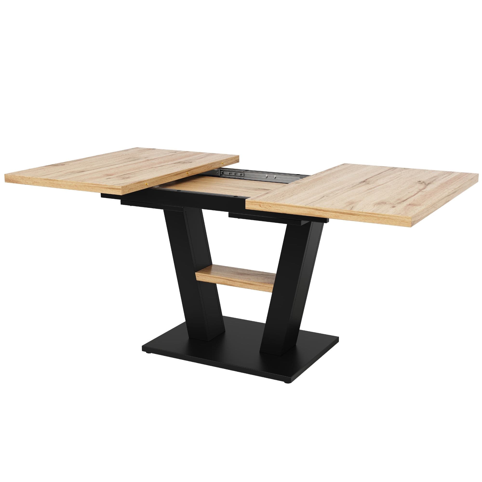 Table de salle à manger extensible avec pieds en V, MDF et métal, 118-157x70x75 cm, Couleur naturelle