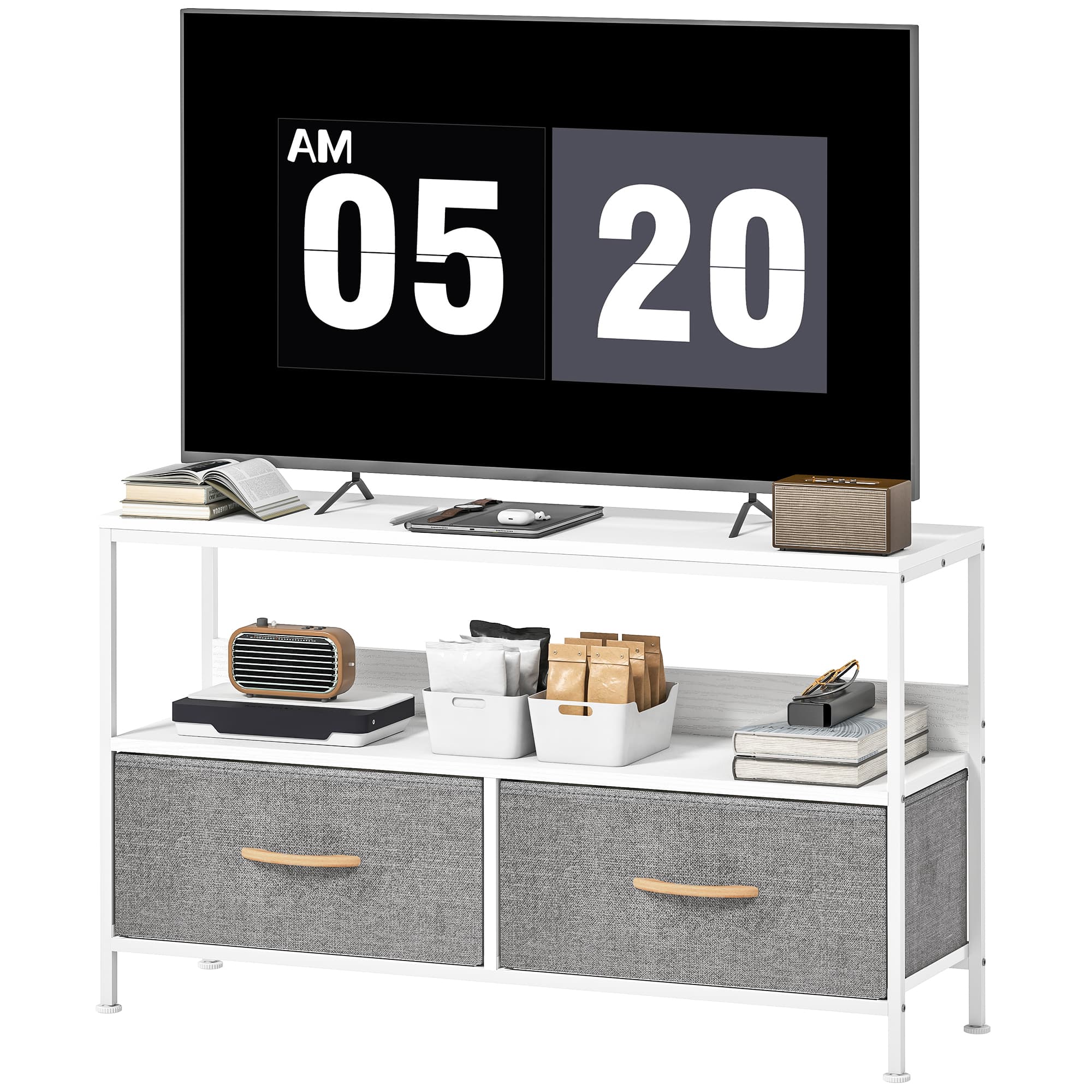 HOMCOM Meuble TV avec étagère et 2 tiroirs en tissu pliables pour téléviseurs jusqu'à 119,38 cm longueur 98 cm Blanc et Gris