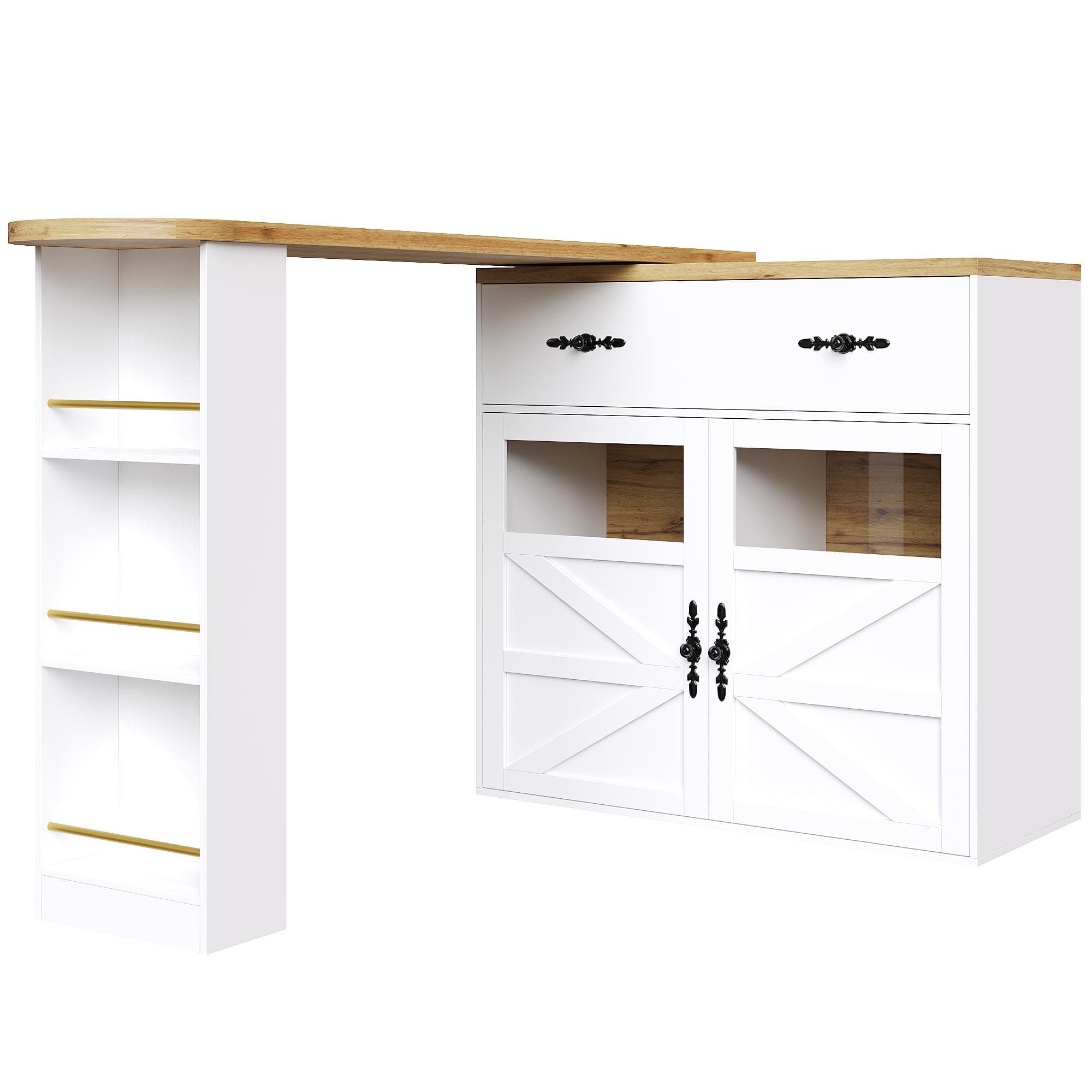 Table de bar extensible avec rangement et rotation à 360°, 138-204x39x104 cm, Blanc