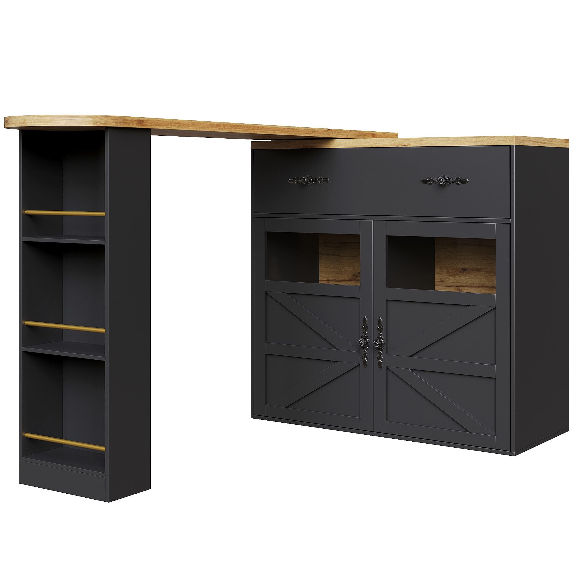 Table de bar extensible avec rangement et rotation à 360°, 138-204x39x104 cm, Noir
