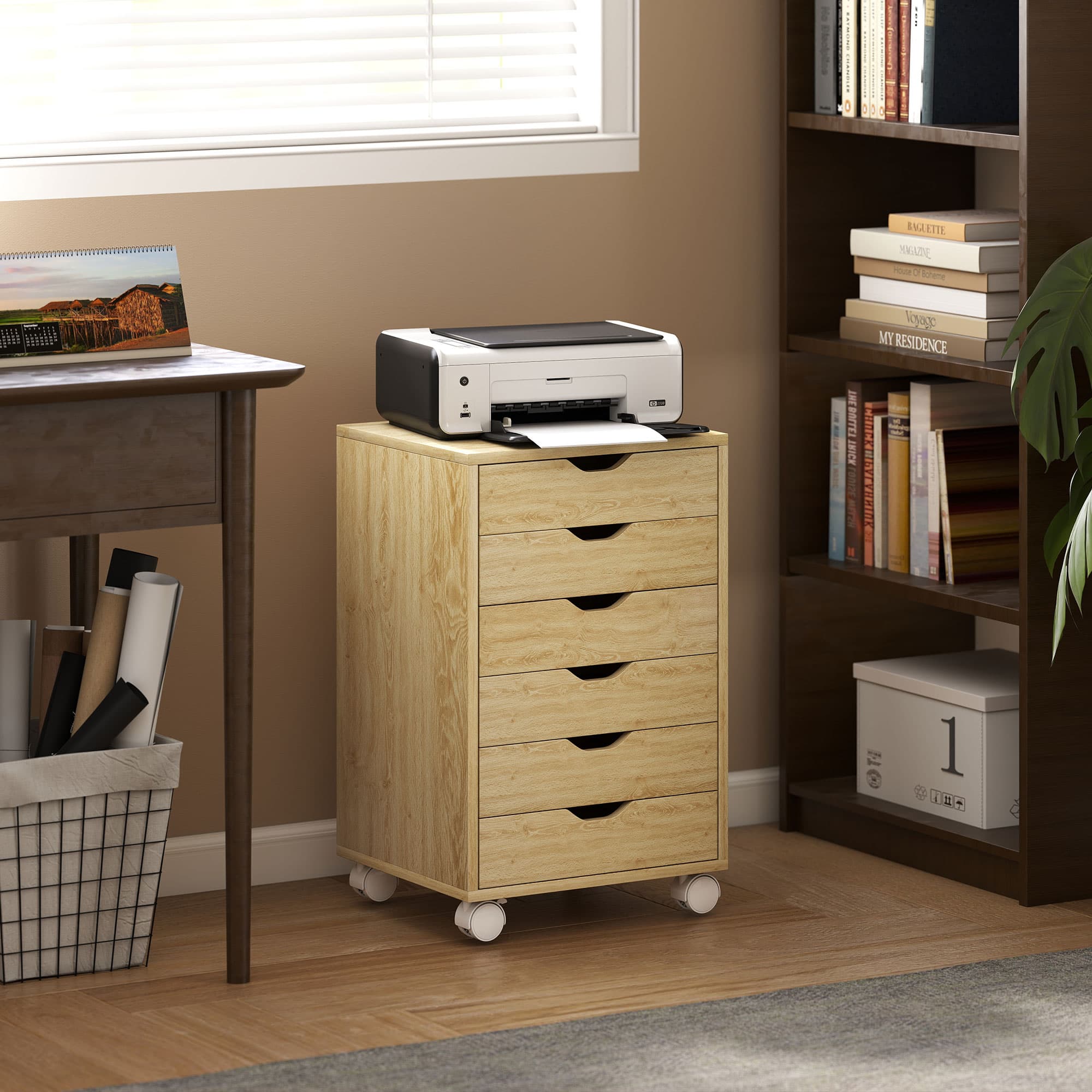 HOMCOM Caisson de bureau Classeur mobile 6 tiroirs Roulettes Glissières silencieuses pour Bureau Maison Chêne