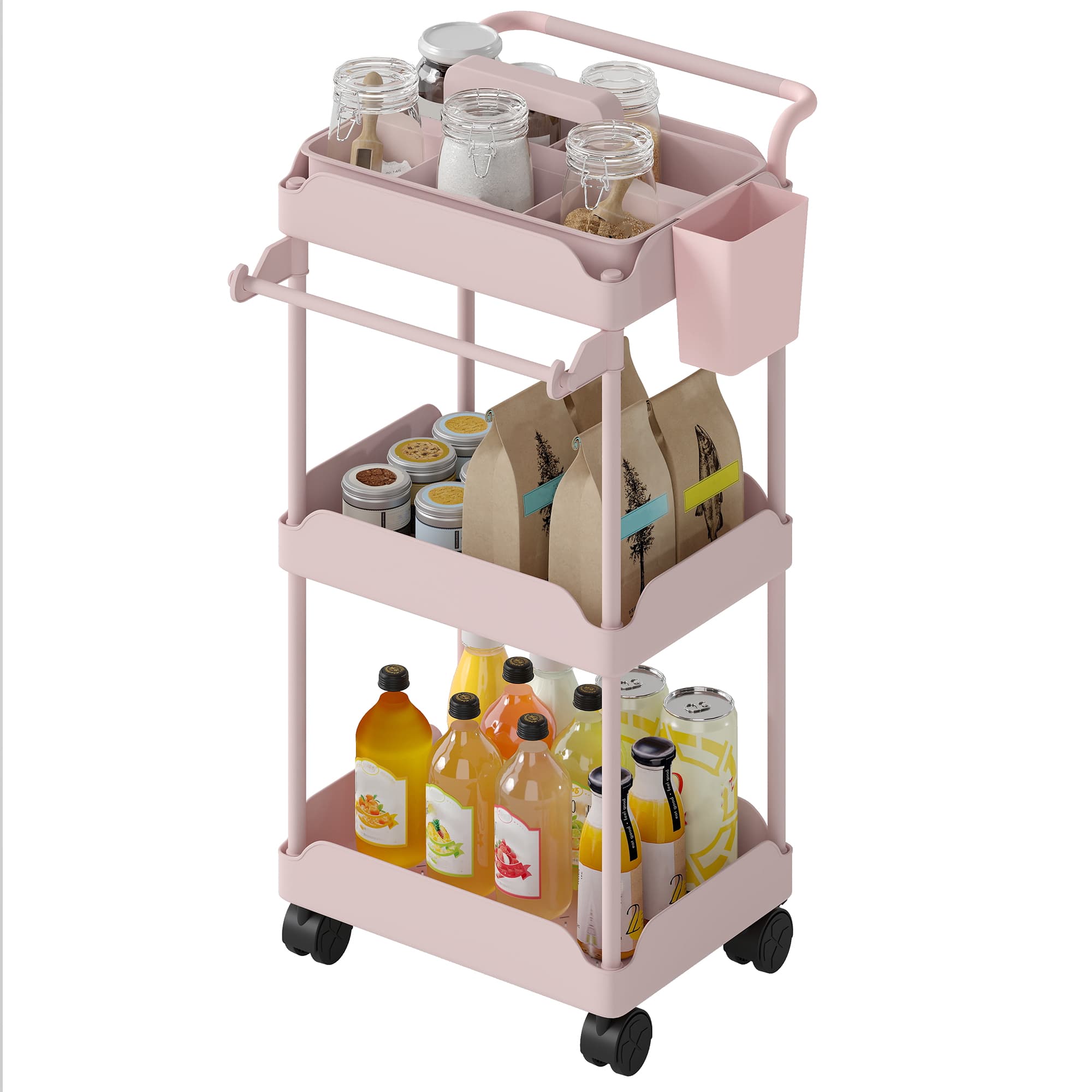 HOMCOM Chariot d'appoint à roulettes 3 niveaux chariot de cuisine avec paniers amovibles et porte-serviettes rose