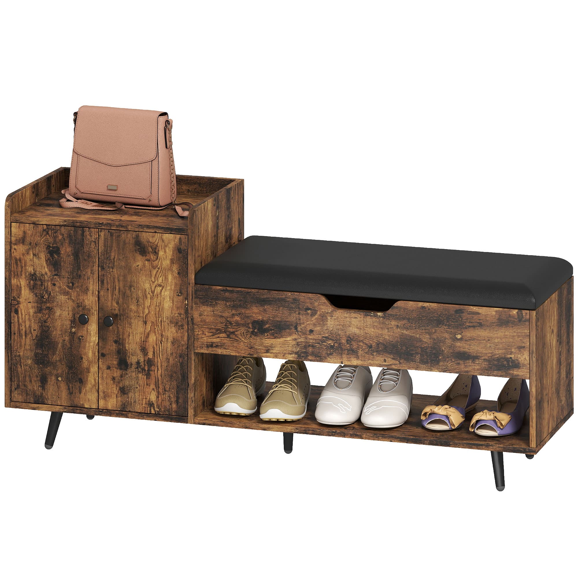 HOMCOM Banc à chaussures industriel avec assise rembourrée compartiment caché étagères portes 127x35x59 cm Marron rustique