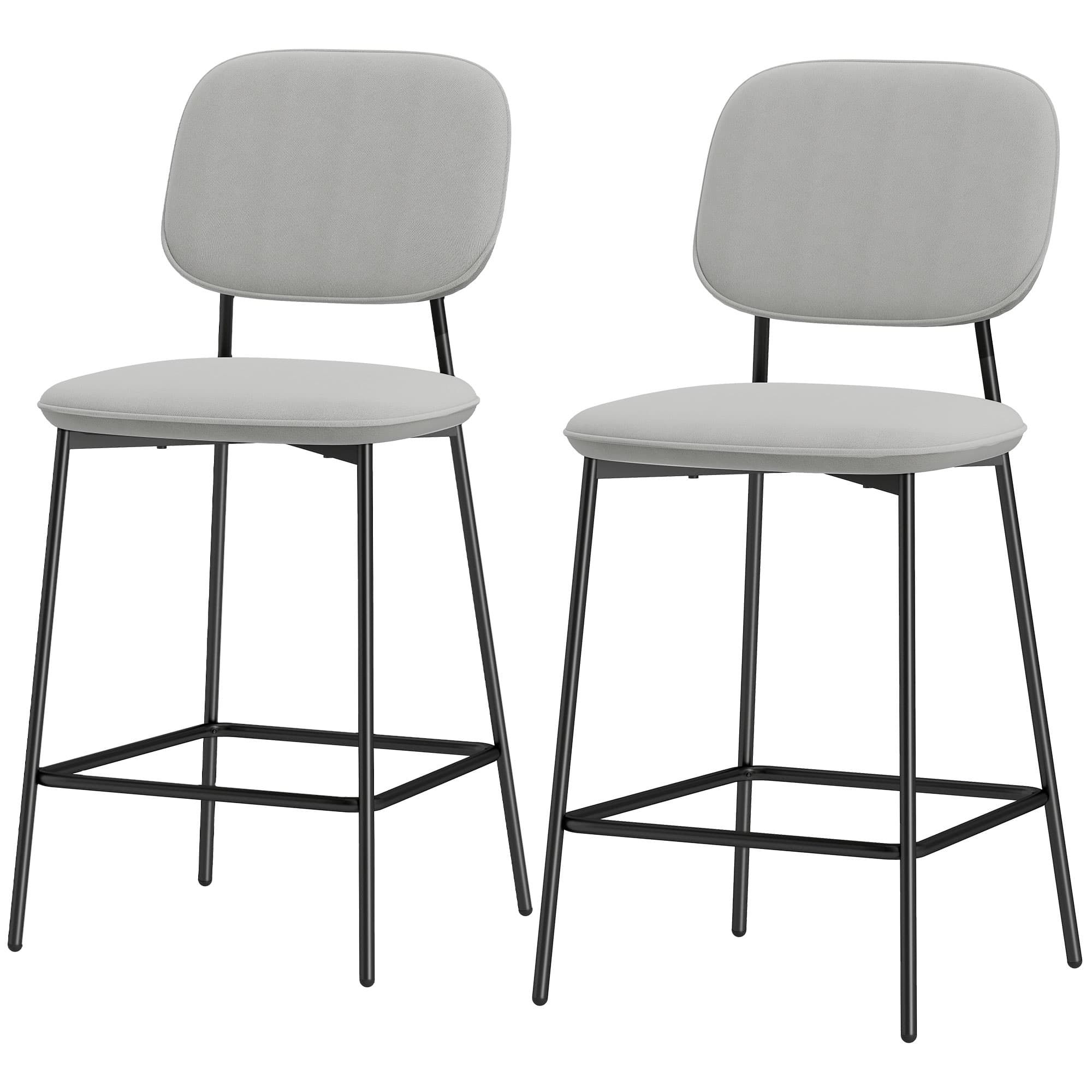 HOMCOM Lot de 2 tabourets de bar, tabourets bistro avec repose-pieds, revêtement en velours, pieds en acier, pour salle à manger, 45 x 49 x 102 cm, Gris clair