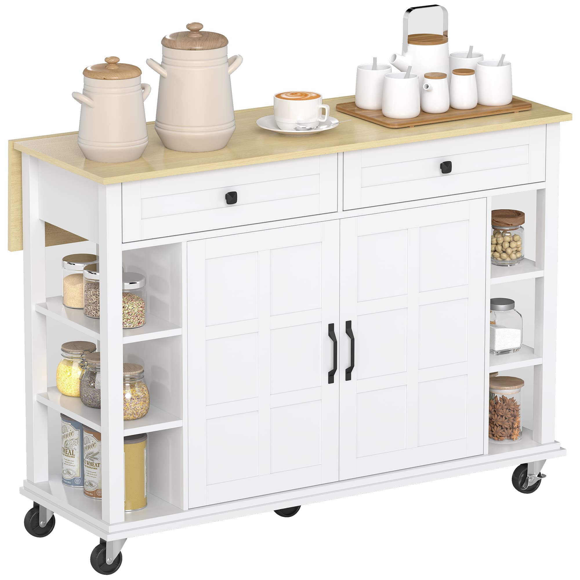 HOMCOM Îlot de Cuisine sur Roulettes Plan de Travail Pliable 2 Portes à Fermeture Douce 2 Tiroirs 6 Étagères Ouvertes Blanc