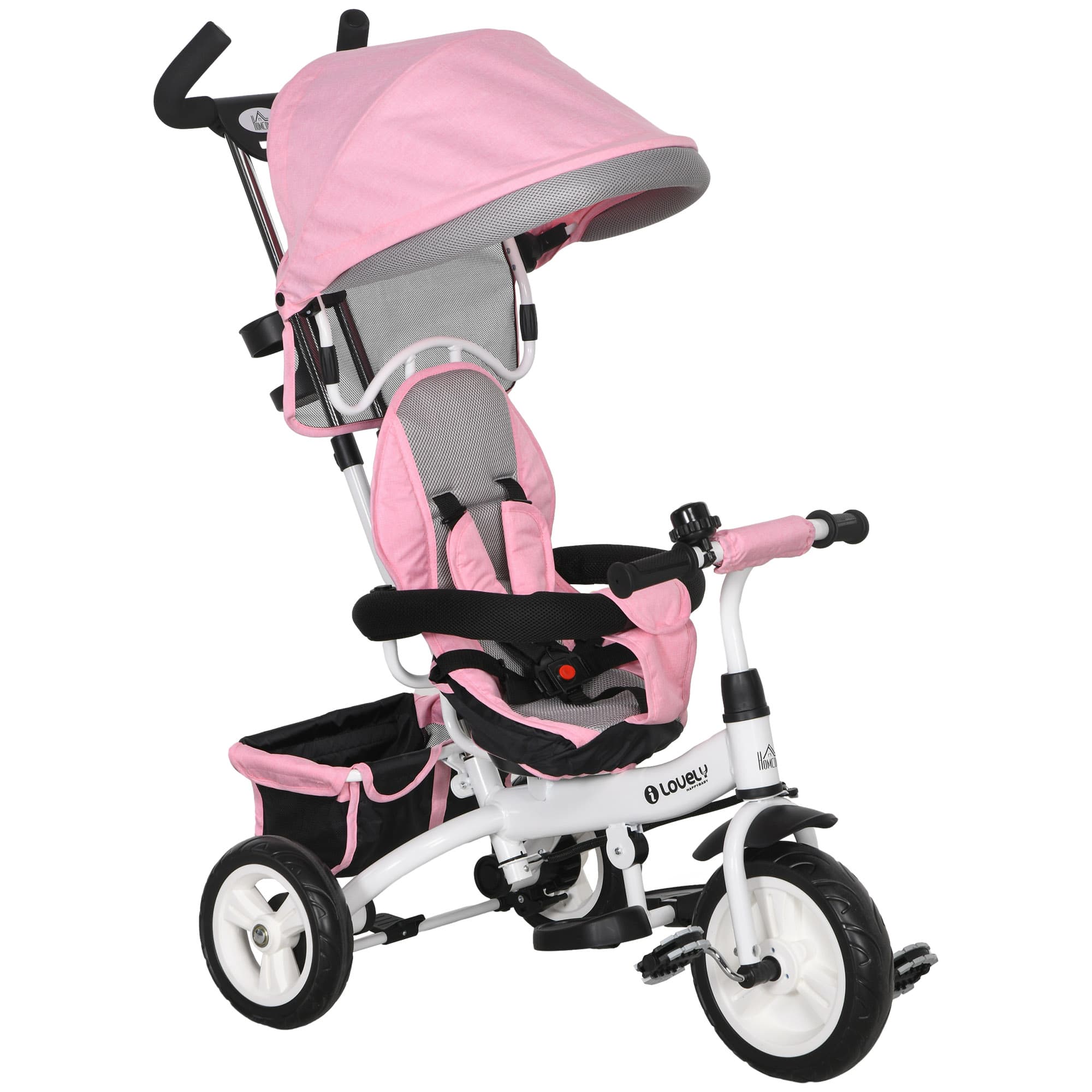 HOMCOM Tricycle Enfant évolutif Pare-Soleil Pliable Canne télescopique Amovible 95 x 50 x 106 cm Acier Rose