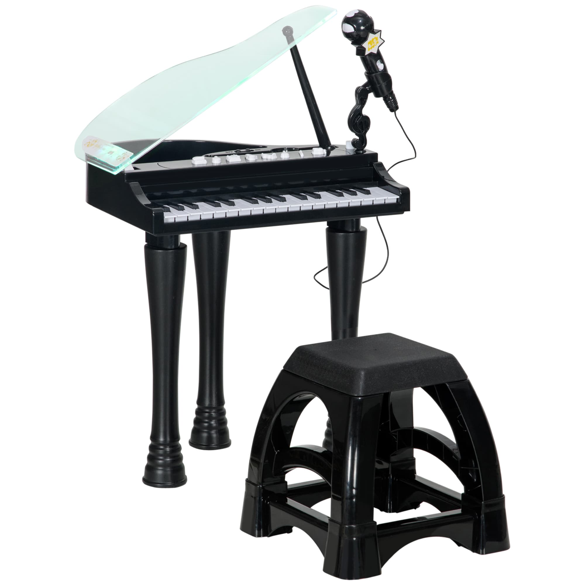 AIYAPLAY Piano enfant électronique 32 touches multifonctions avec micro haut parleur tabouret couvercle lumineux LED noir