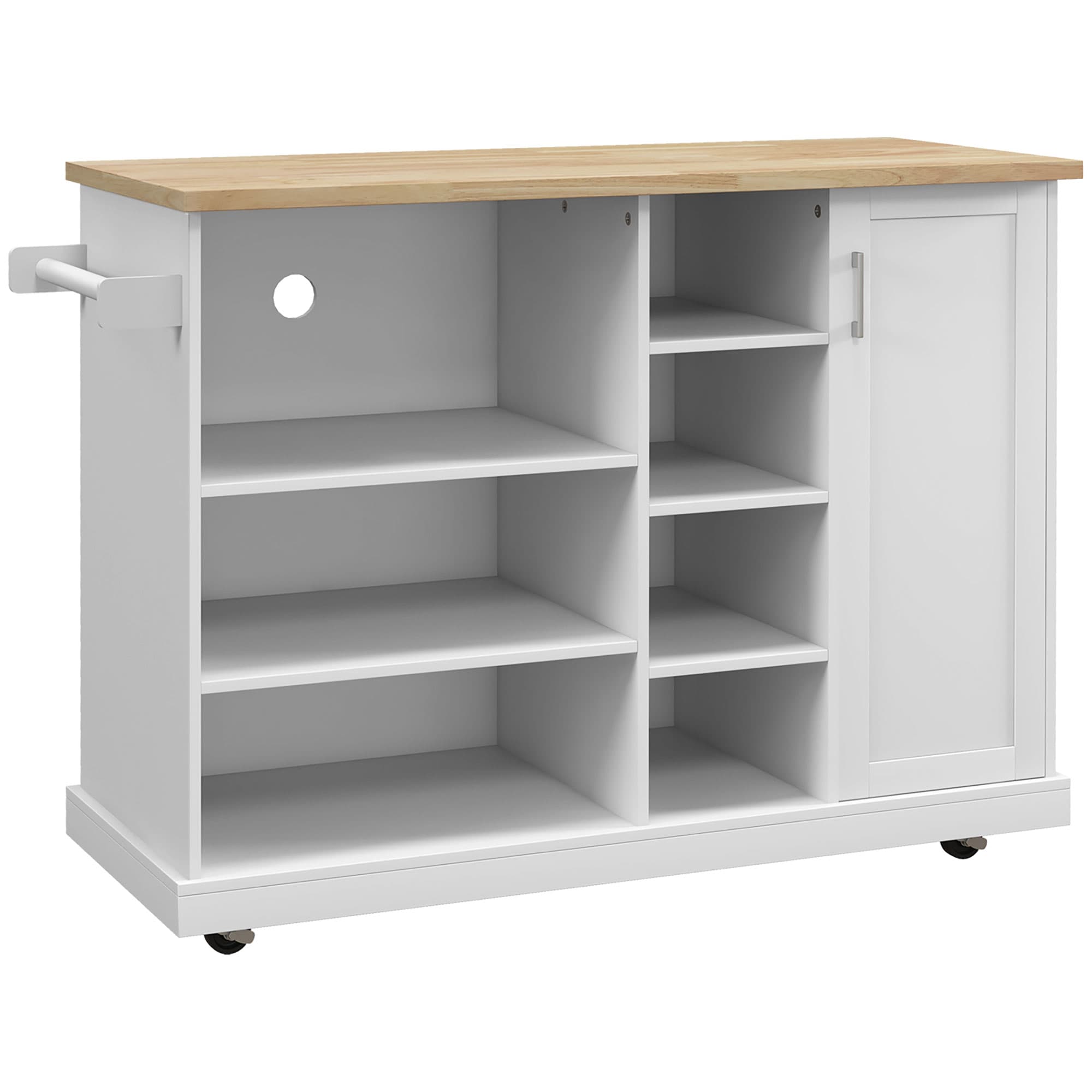 HOMCOM Desserte îlot de cuisine sur roulettes 7 compartiments 1 placard 1 porte 1 porte torchons 129 x 51 x 93 cm bois et blanc