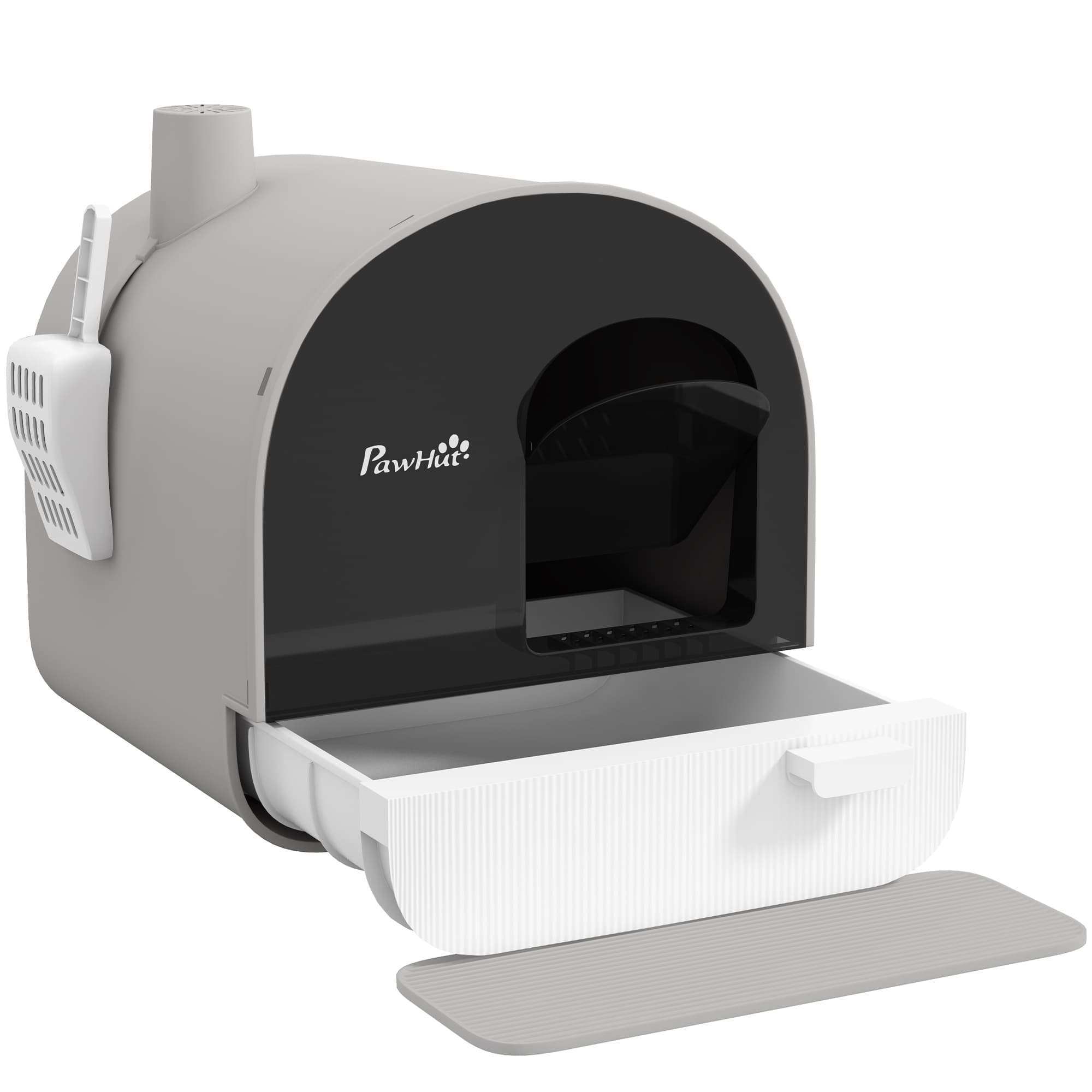 PawHut Bac à litière pour chat avec porte battante pelle et filtre inclus dim. 43L x 44l x 47H cm gris