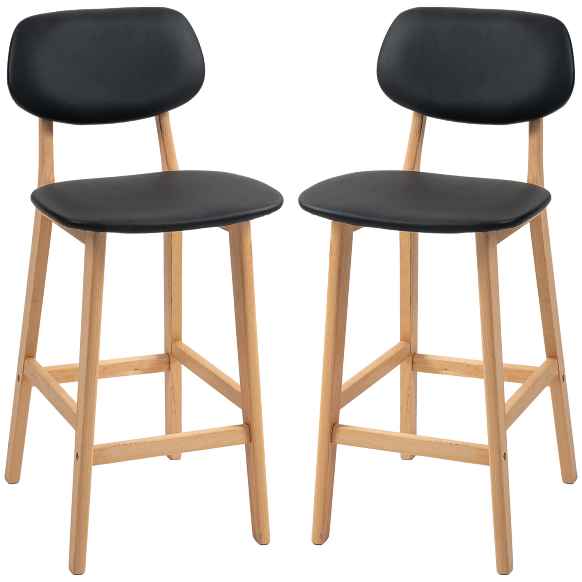 HOMCOM Lot de 2 tabourets de bar, chaises hautes, revêtement synthétique avec dossier et pieds en bois, noir