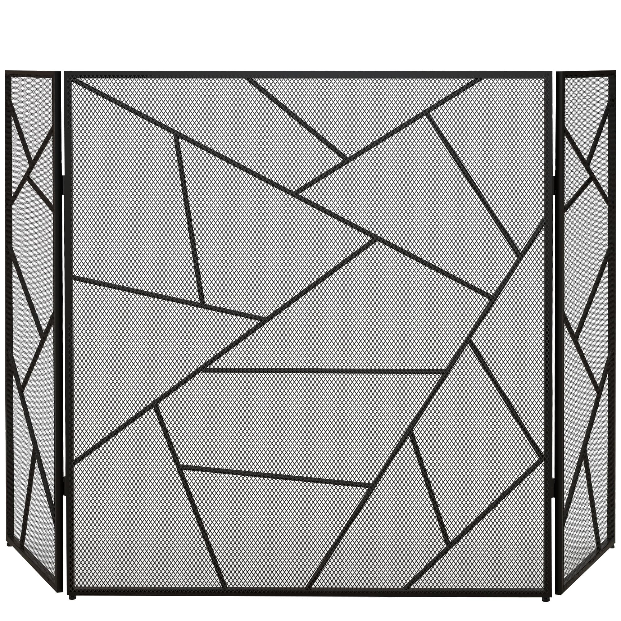 HOMCOM Pare feu cheminée pliable 3 panneaux en acier avec décor géométrique et pieds antidérapants, 135l x 1,2P x 85H cm, noir