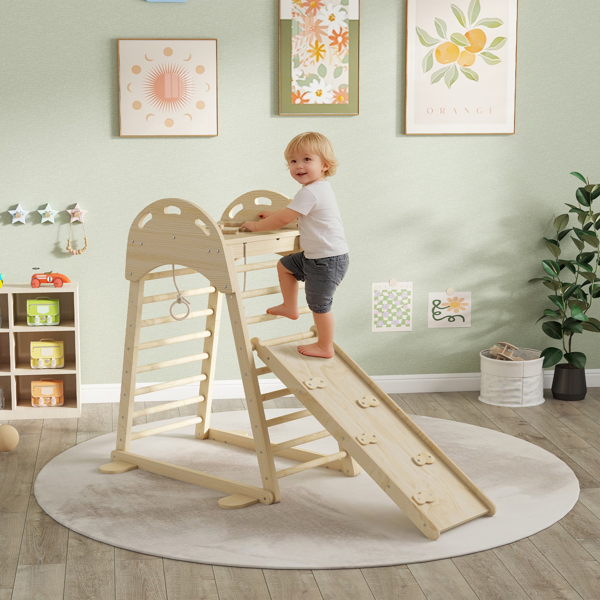 AIYAPLAY Triangle d'Escalade Montessori 6 en 1 avec Plateforme et Anneaux Structure d'Escalade en Bois avec Toboggan Naturel
