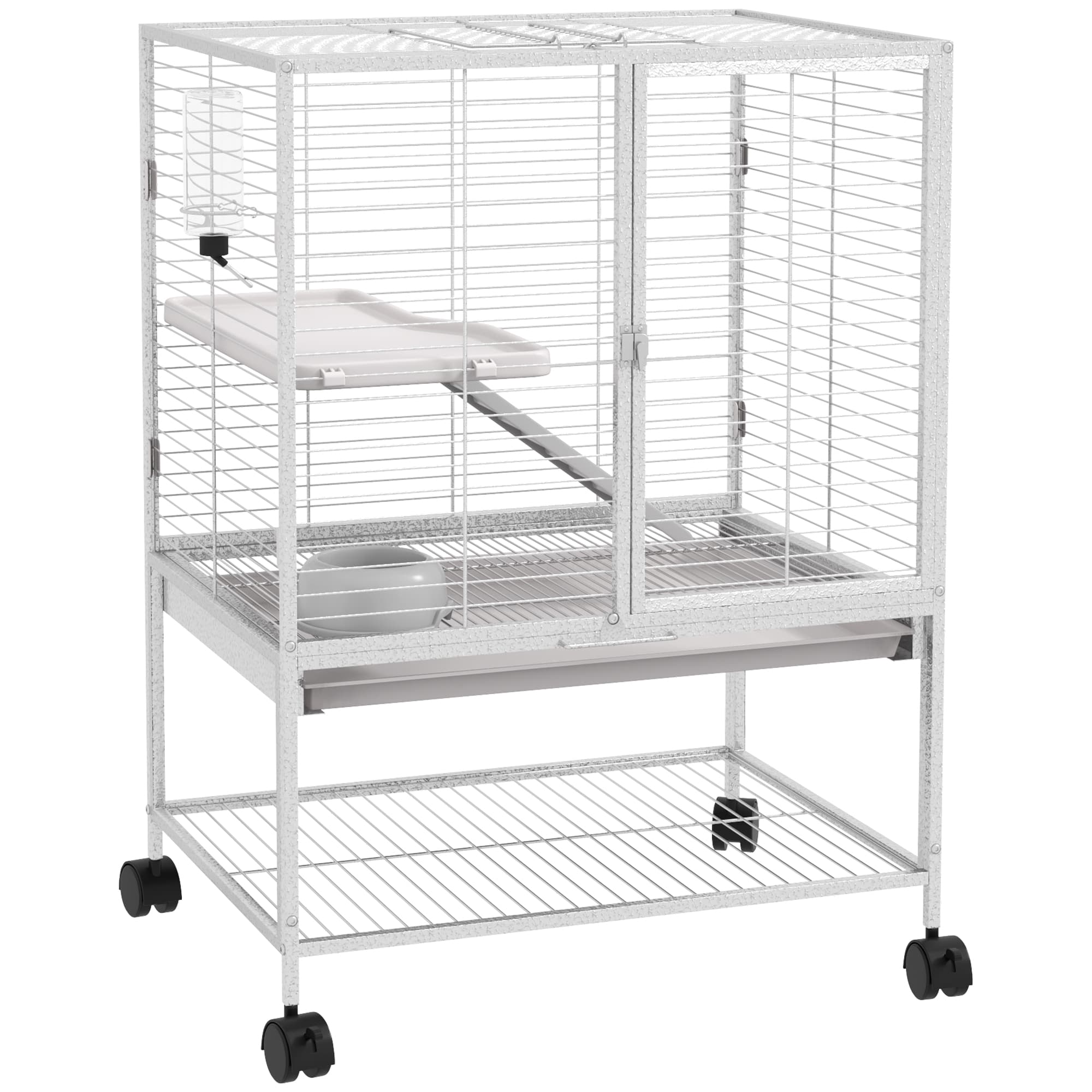 PawHut Cage pour petits animaux sur roulettes 2 niveaux avec 2 portes, 1 rampe, 1 étagère de rangement 61,5 x 44,5 x 86 cm gris