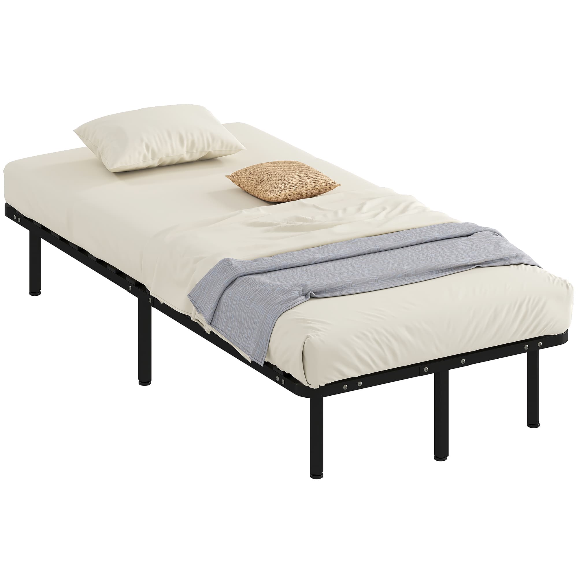 HOMCOM Cadre de lit industriel 28 lattes avec espace de rangement, en bois et acier, 190x90x31 cm, Noir et bois