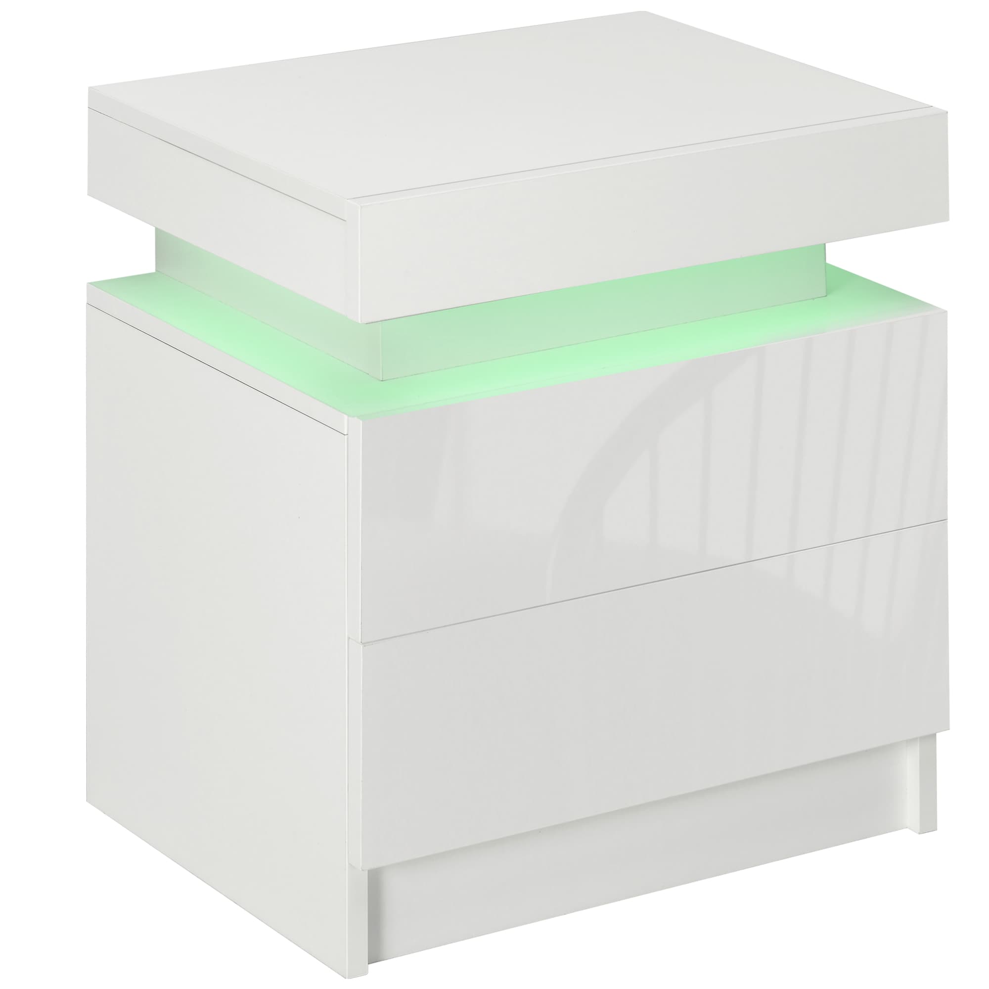 HOMCOM Table de Chevet LED RVB 2 Tiroirs Panneau Haute Brillance Blanche pour Chambre Moderne Aosom France