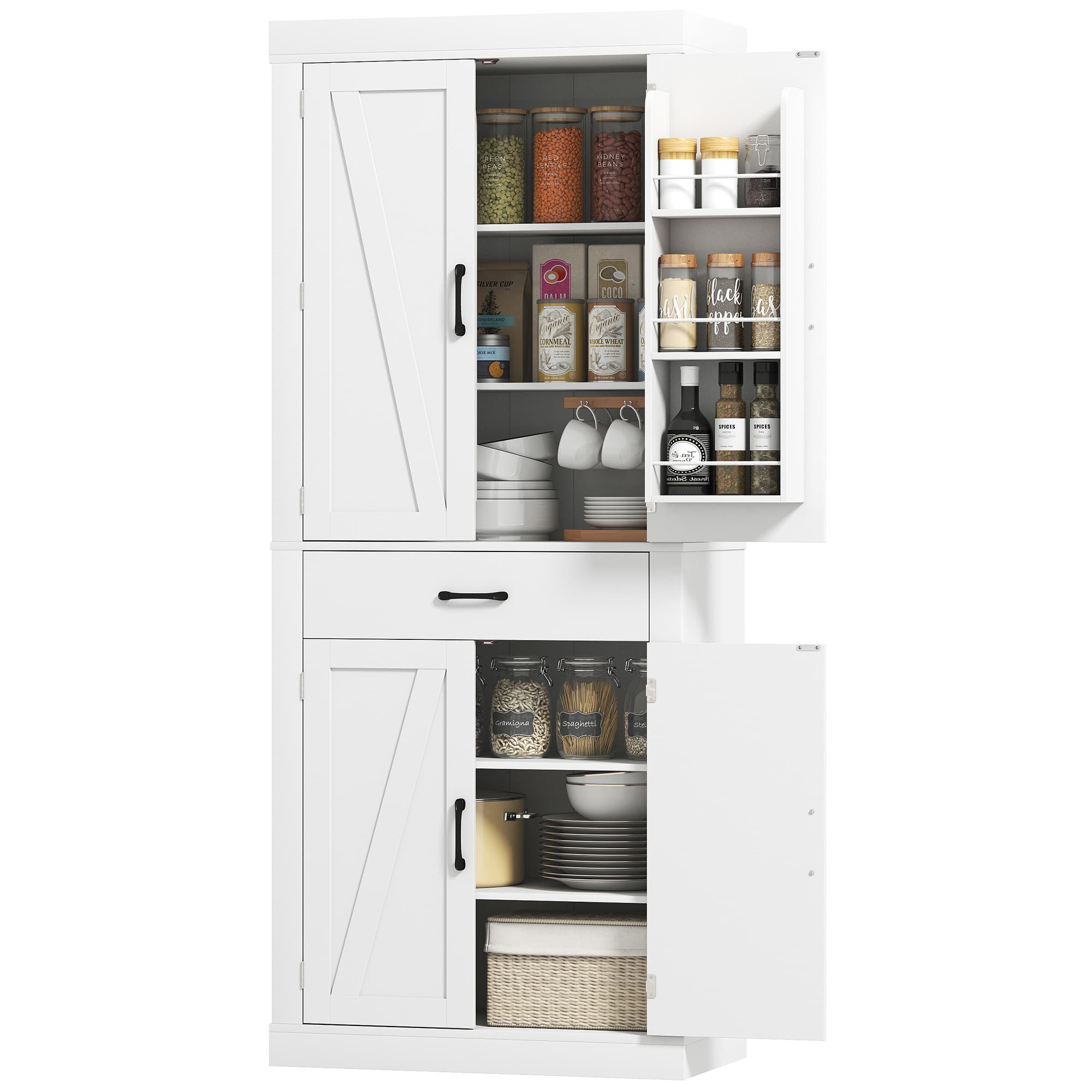 HOMCOM Buffet de cuisine style country avec 2 armoires, 6 étagères et tiroir, en bois, 76x39.5x183.5 cm, Blanc