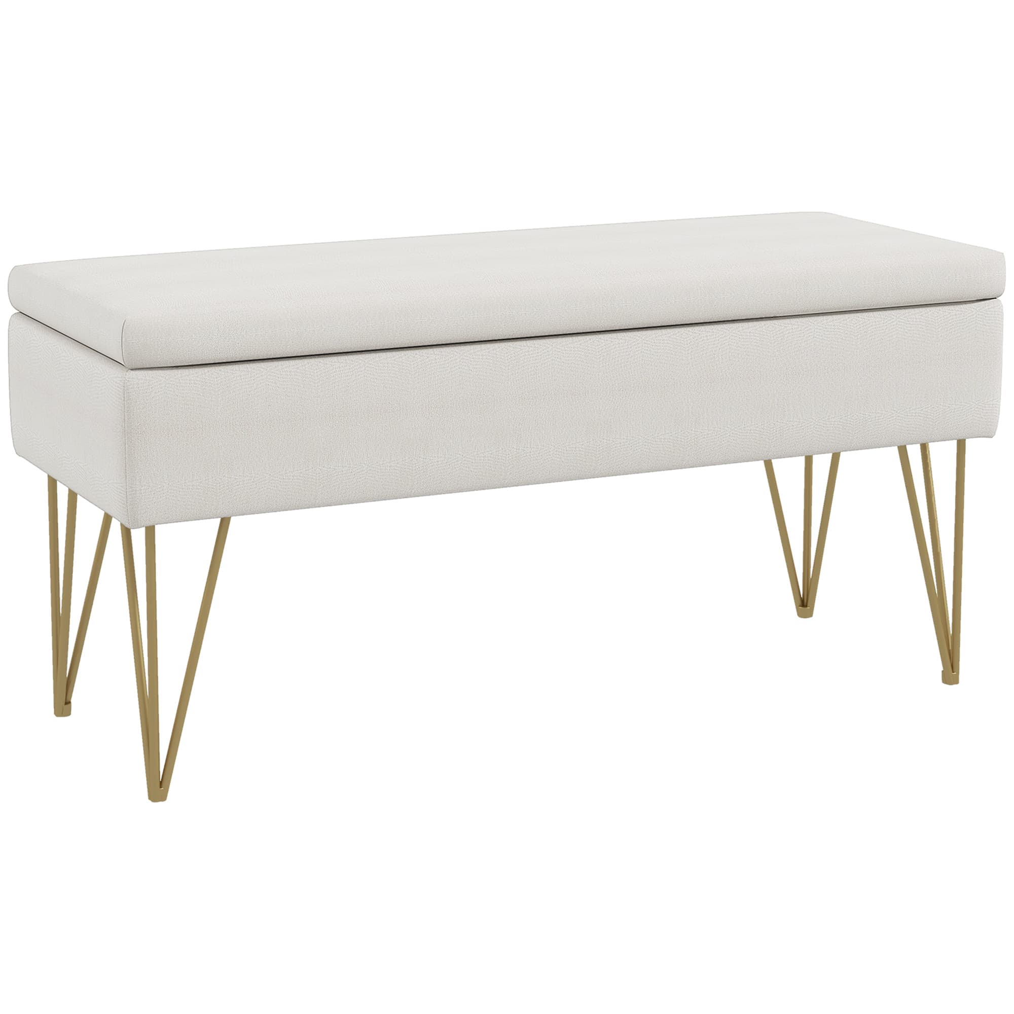 HOMCOM Banc banquette coffre de rangement 2 en 1 en tissu avec pieds épingle en acier doré 100 x 40 x 49 cm crème
