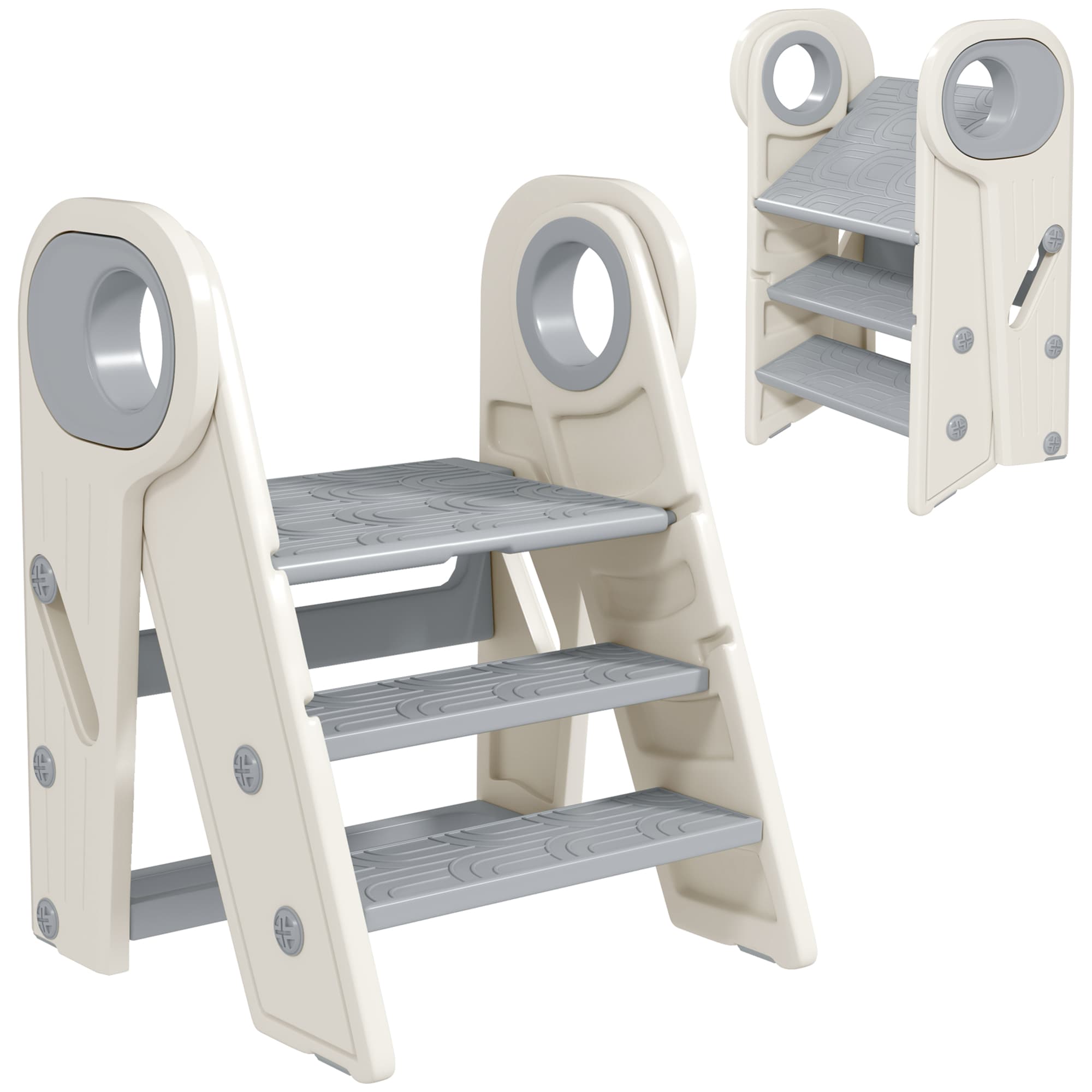 AIYAPLAY Marche pied pour enfant 3 marches, marchepied de cuisine pour enfant, pliable, hauteur ajustable de 2 à 3 marches, gris