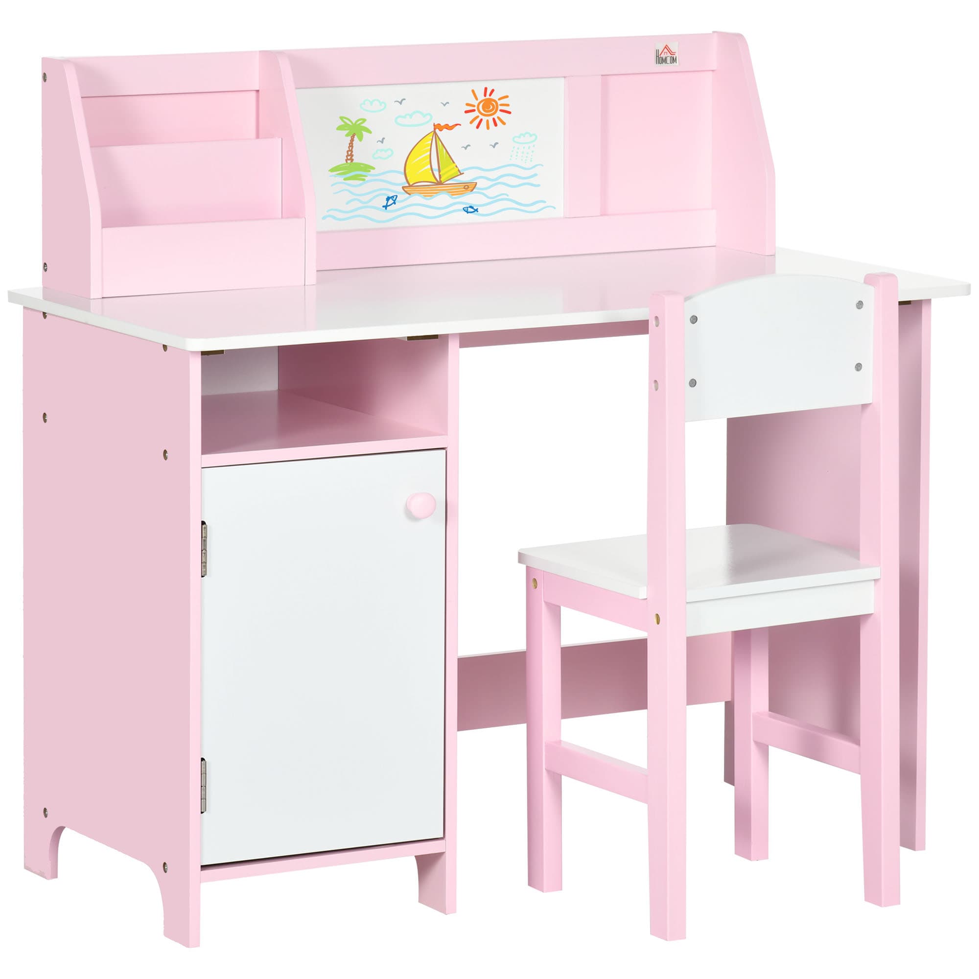 HOMCOM Ensemble table et en bois, MDF blanc, vert, rose incl. avec tableau Aosom France