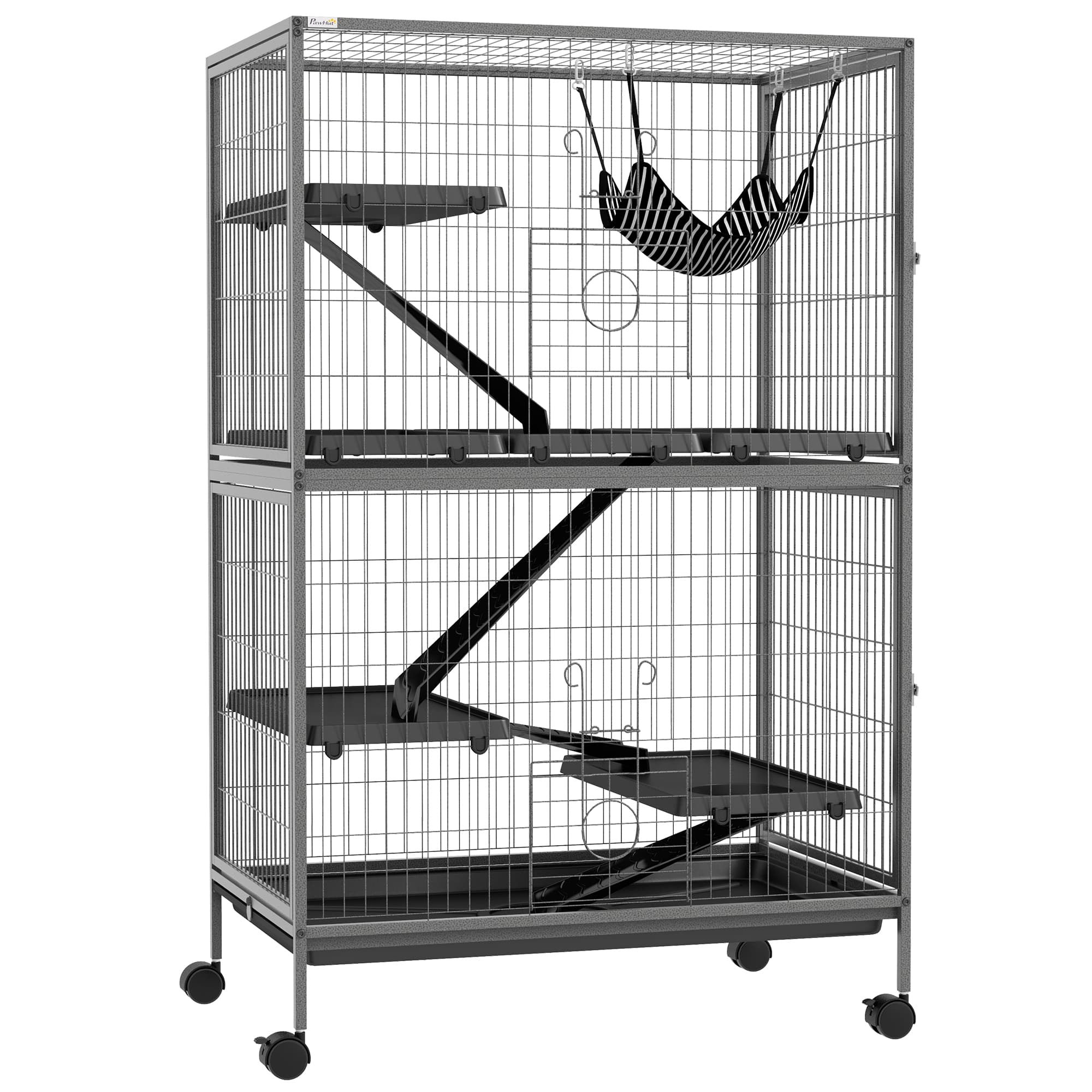 PawHut Cage pour rongeurs Multifonction 4 Plateformes 3 rampes 4 Portes dim. 80L x 52l x 128H cm acier Gris argenté Noir