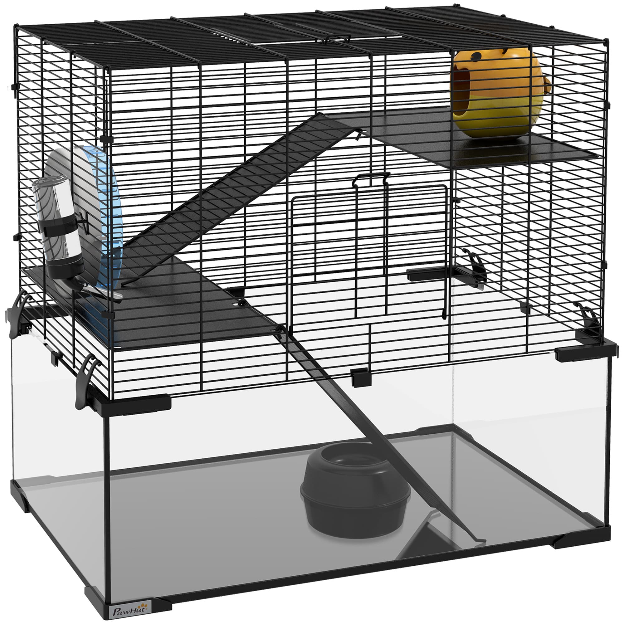 PawHut Cage hamster cage rongeur 3 niveaux avec roue rampes maisonnette abreuvoir mangeoire 60L x 40l x 57H cm noir