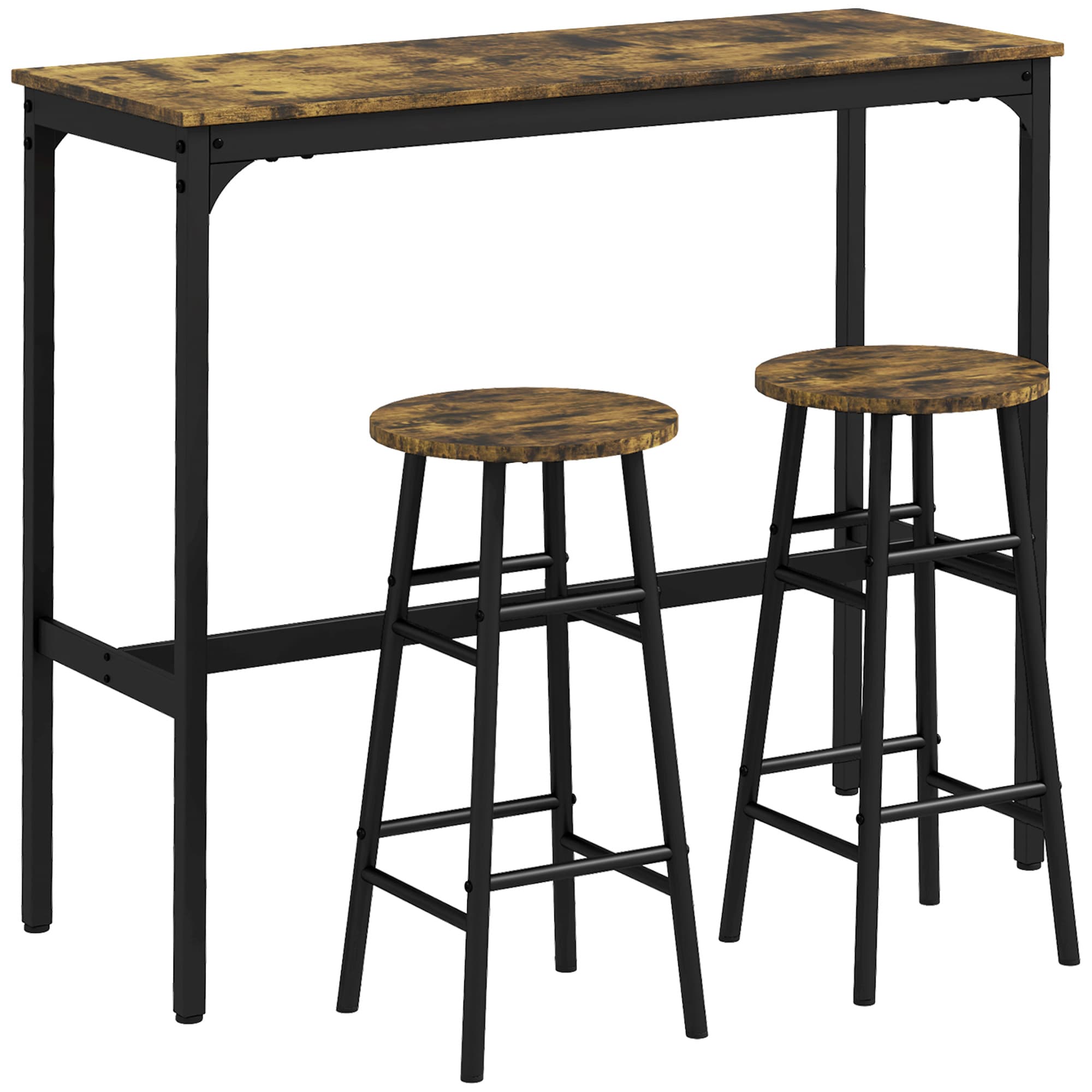 HOMCOM Ensemble table haute de bar + 2 tabourets structure en acier plateau aspect effet bois d'acajou 2 personnes noir