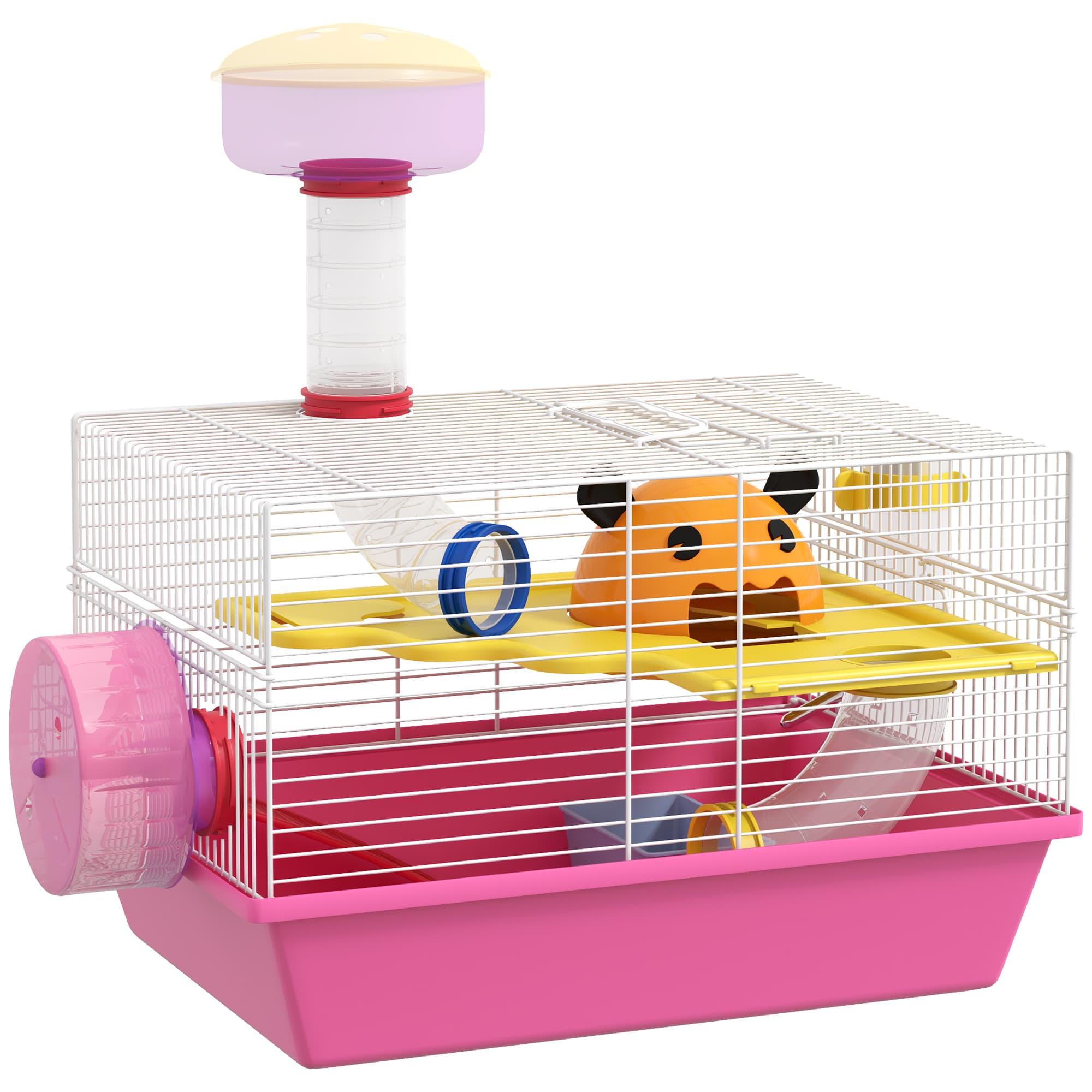 PawHut Cage à hamster rat rongeur multicolore avec plateforme, biberon eau, roue, maisonnette, 34 x 27 x 25 cm, rose
