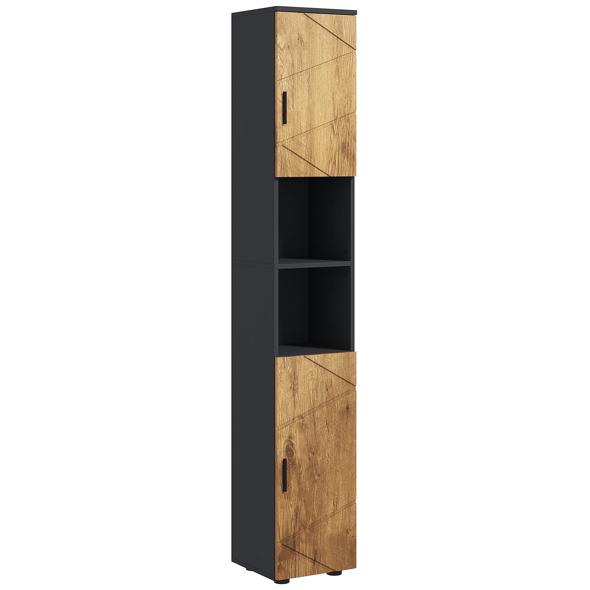 kleankin Meuble colonne armoire rangement salle de bain 2 portes étagère réglable 2 niches 30 x 30 x 183 cm chêne gris foncé