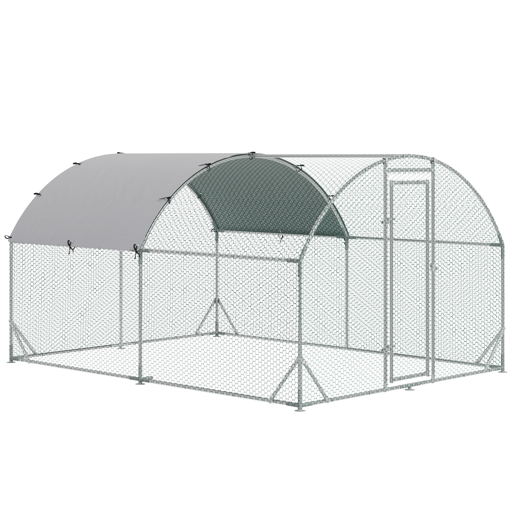 PawHut Vaste Enclos Avicole 10,64m2 Parc Grillagé Anti-UV Porte Sécurisée Argenté 2,8x3,8x1,97m Aosom France