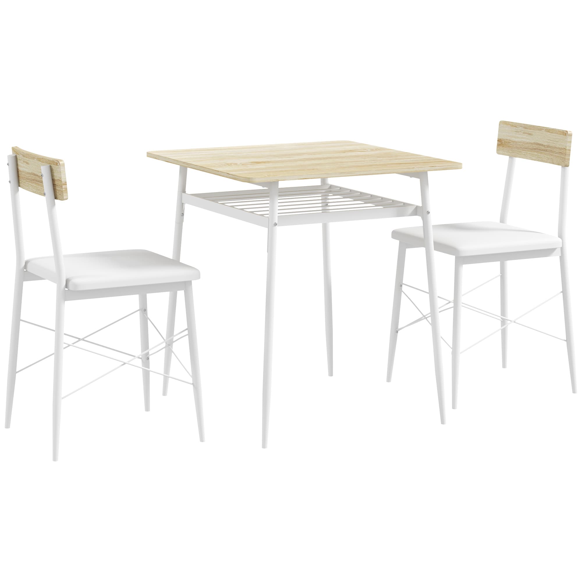 HOMCOM Ensemble table et chaises, table de cuisine avec chaises, structure en acier, avec 2 chaises encastrables, blanc chêne