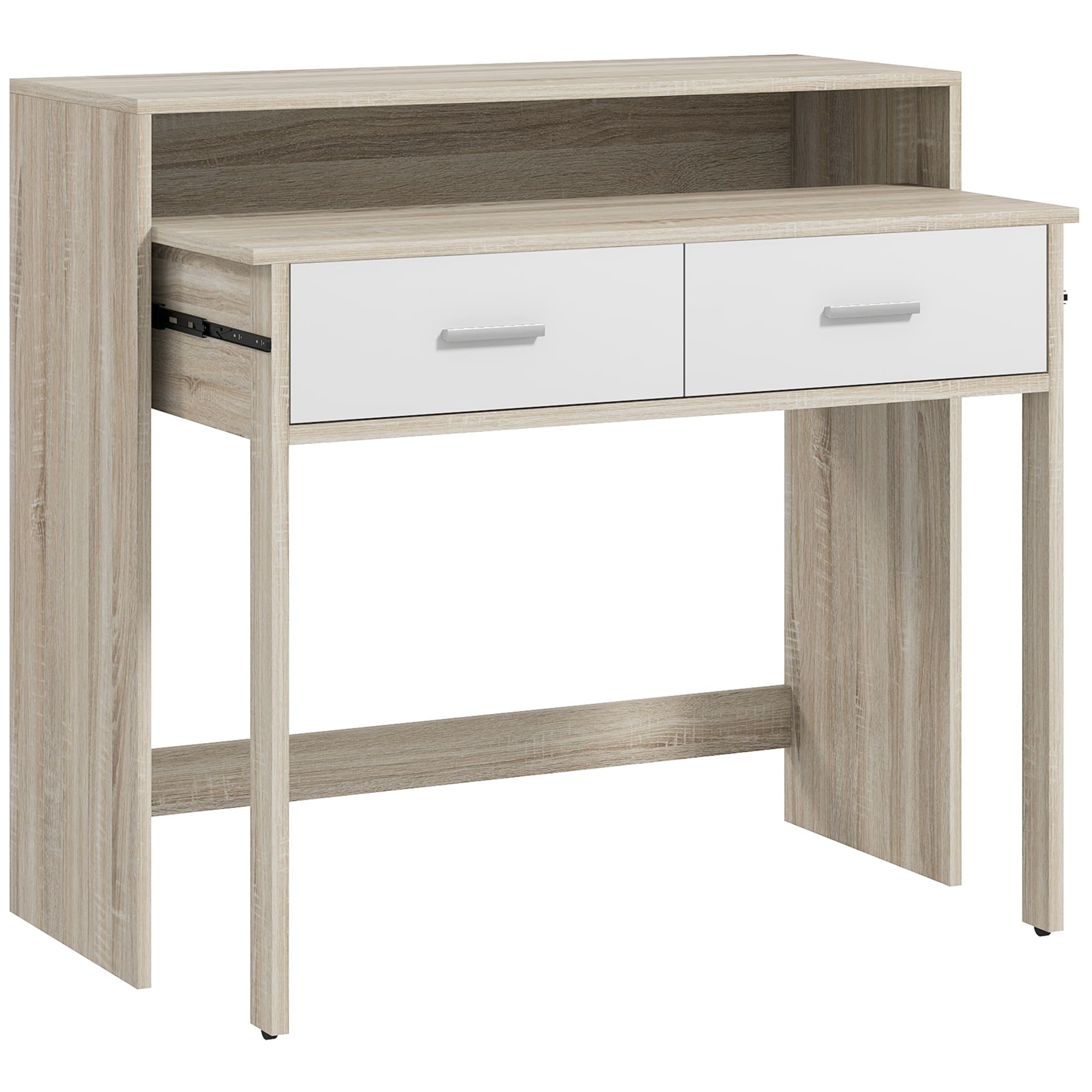 HOMCOM Table console avec plateau coulissant et 2 tiroirs, table de couloir avec rangement, 95l x 35P x 87H cm, aspect chêne