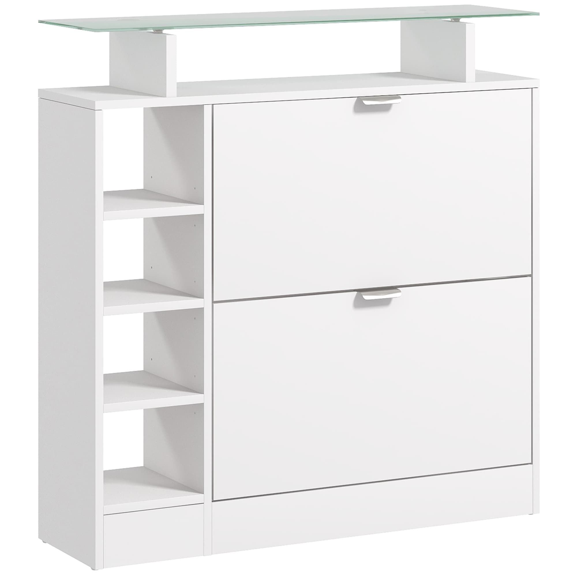 HOMCOM Meuble à chaussures avec 2 tiroirs rabattables 12 paires, plateau en verre et étagères réglables, 89 x 25 x 92 cm, blanc