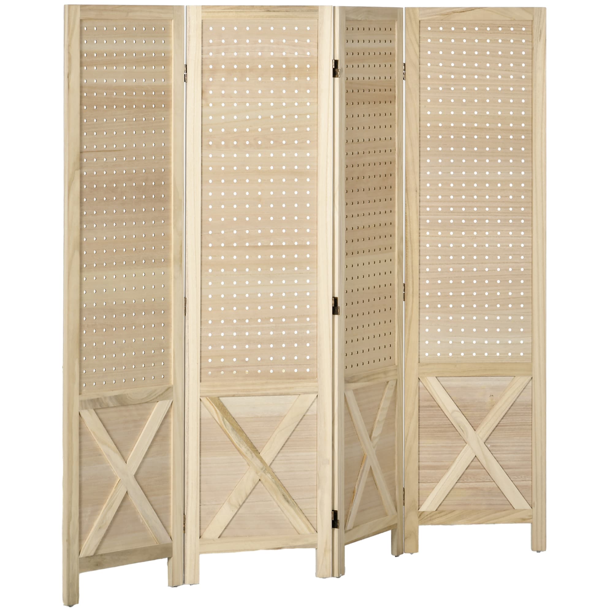 HOMCOM Paravent intérieur en bois 4 panneaux séparateur de pièce pliable panneau perforé 152 x 1,7 x 144,5 cm bois naturel