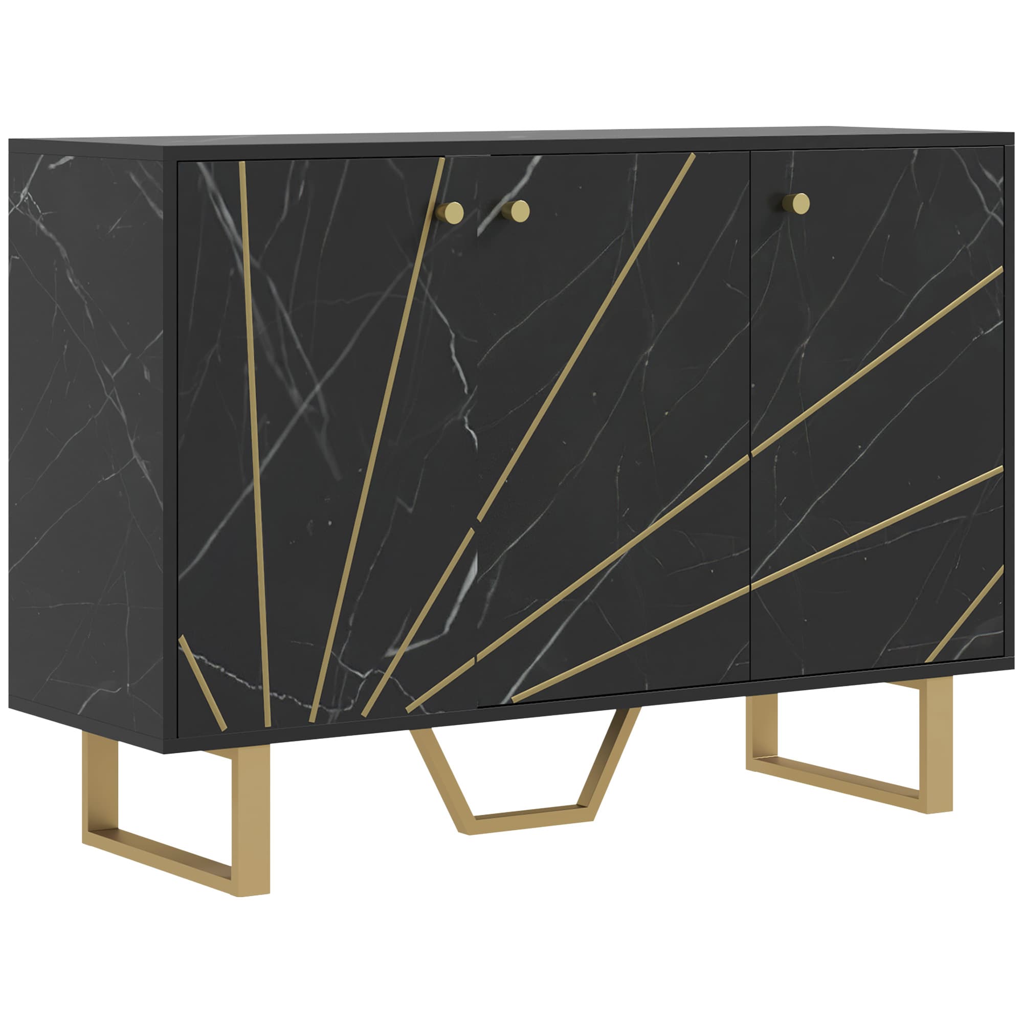 HOMCOM Meuble de rangement buffet salon avec 2 placards 3 portes et étagère réglable, pieds en métal, aspect marbre noir