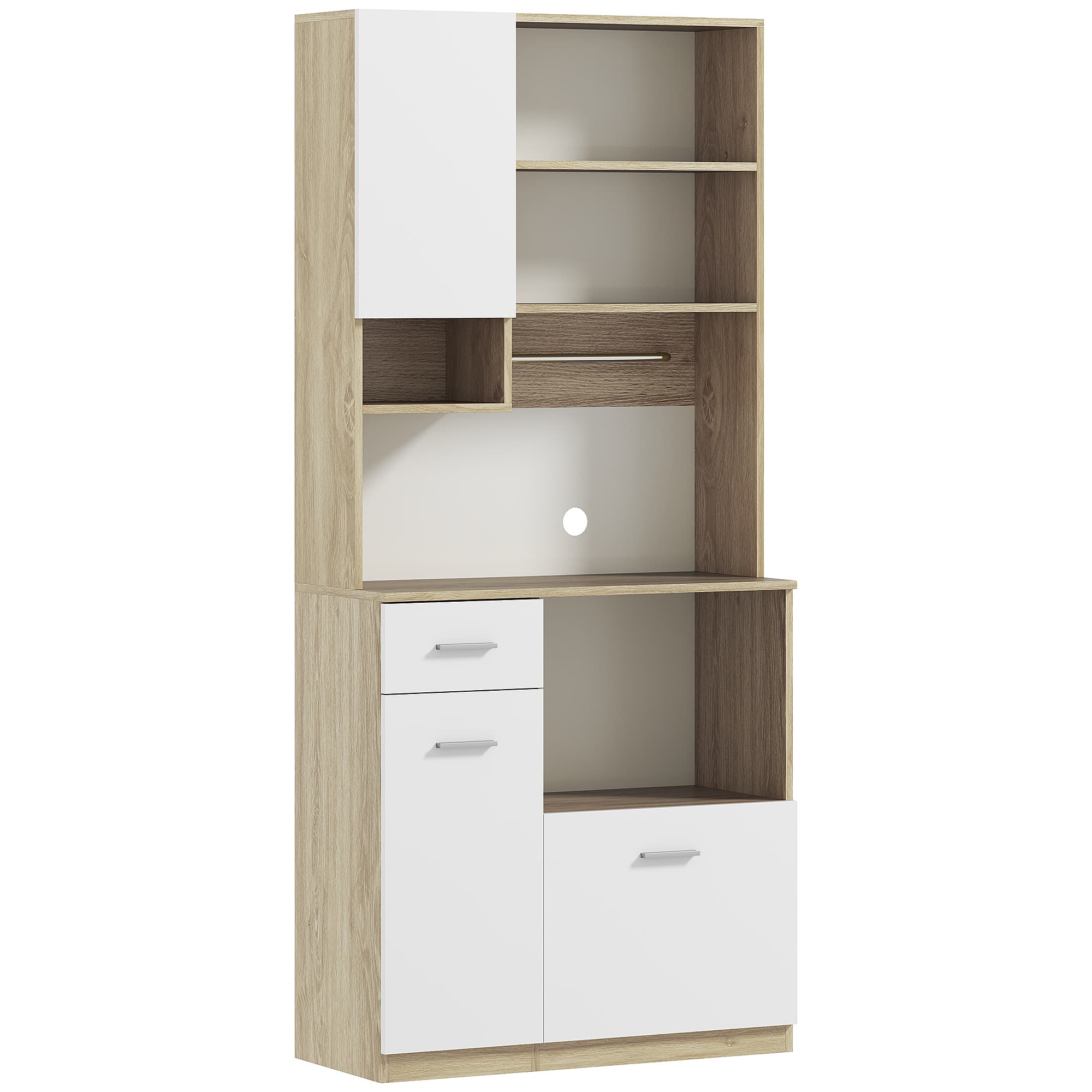 HOMCOM Armoire de cuisine haute, meuble de rangement moderne avec étagères réglables, tiroir, blanc et aspect bois