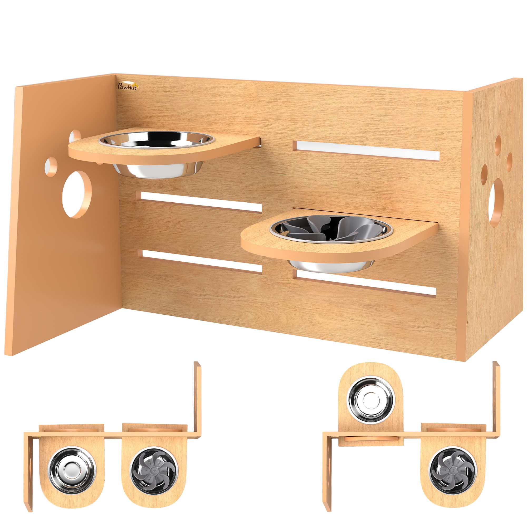 PawHut Gamelle chien surélevée de 3 hauteurs ajustables gamelle pour chien 2 bols acier inoxydable 63 x 58,5 x 40 cm chêne