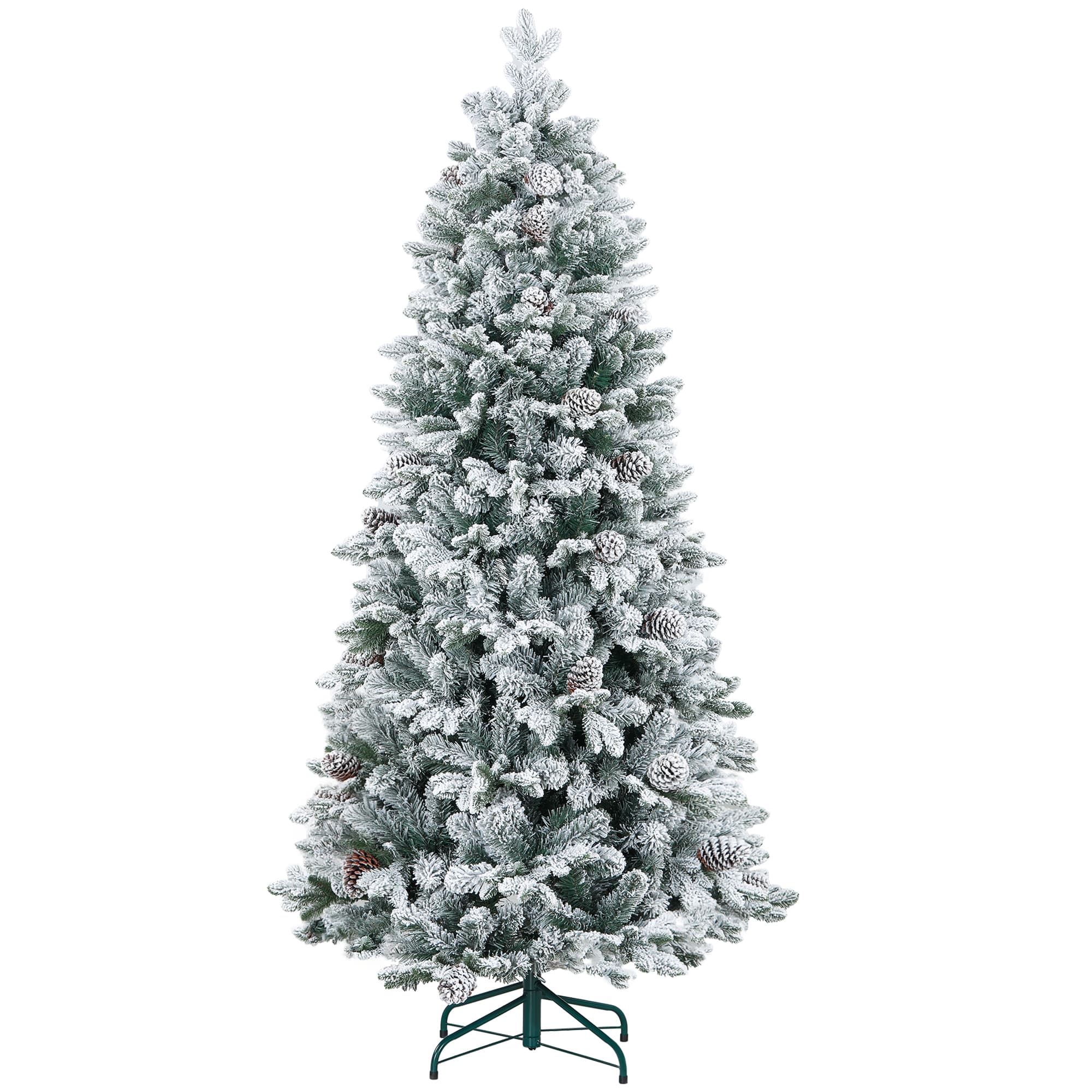 HOMCOM Sapin de Noël artificiel 180 cm Arbre de Noël avec support en métal 1489 branches enneigées, pommes de pin, vert