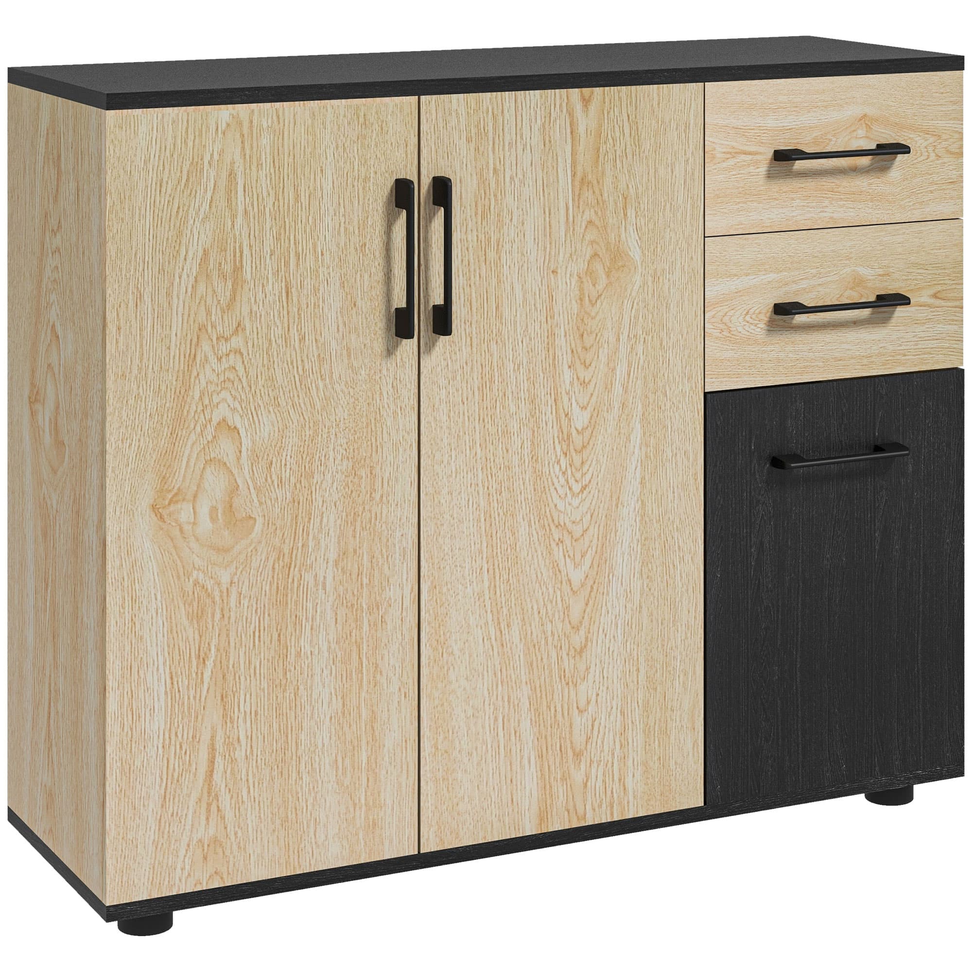 HOMCOM Meuble buffet de rangement cuisine 2 placards étagère réglable 2 tiroirs 90 x 30 x 75,5 cm naturel noir