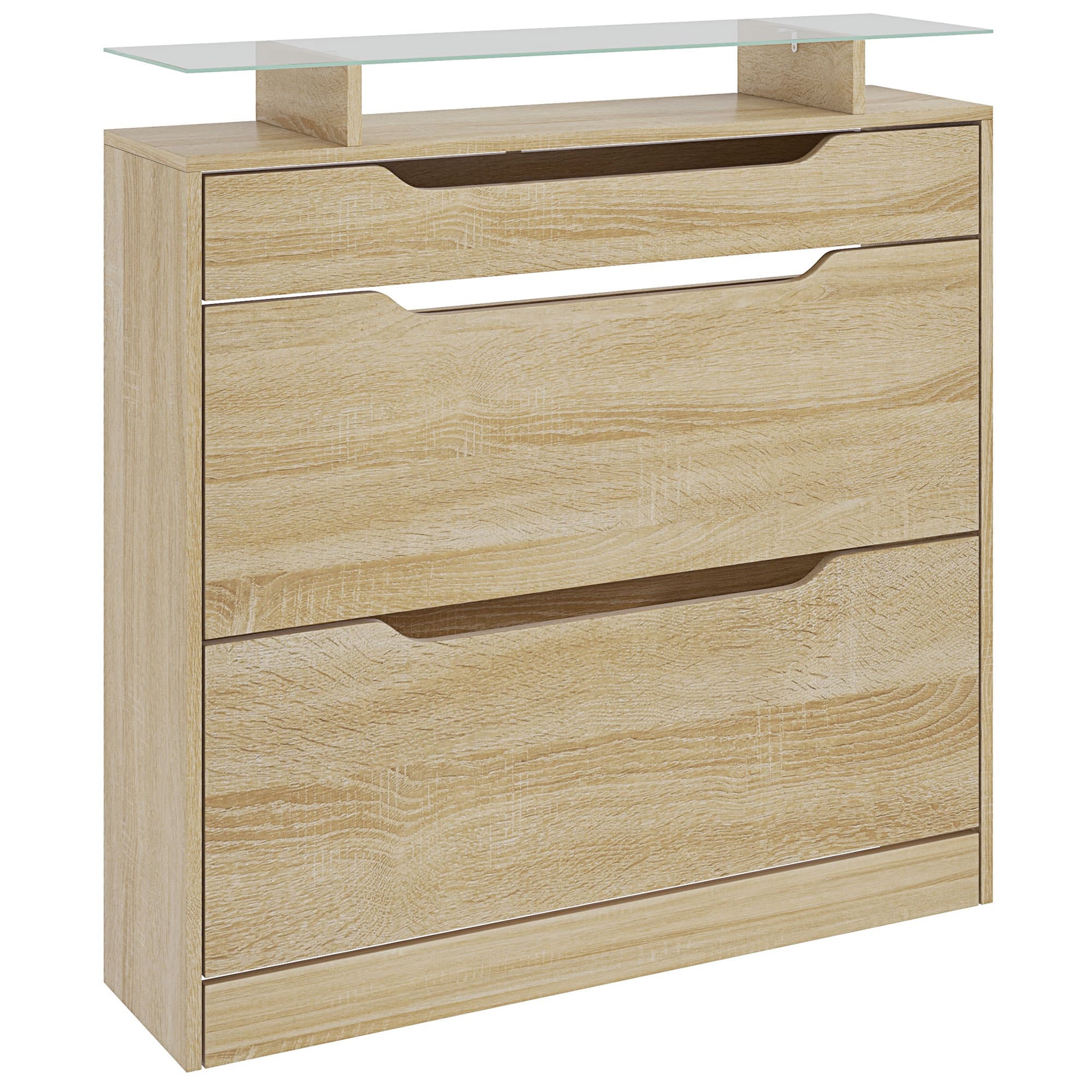 HOMCOM Armoire à Chaussures 2 tiroirs rabattables + 1 tiroir Coulissant + 1 comptoir et 1 Plateau en Verre étagère réglable
