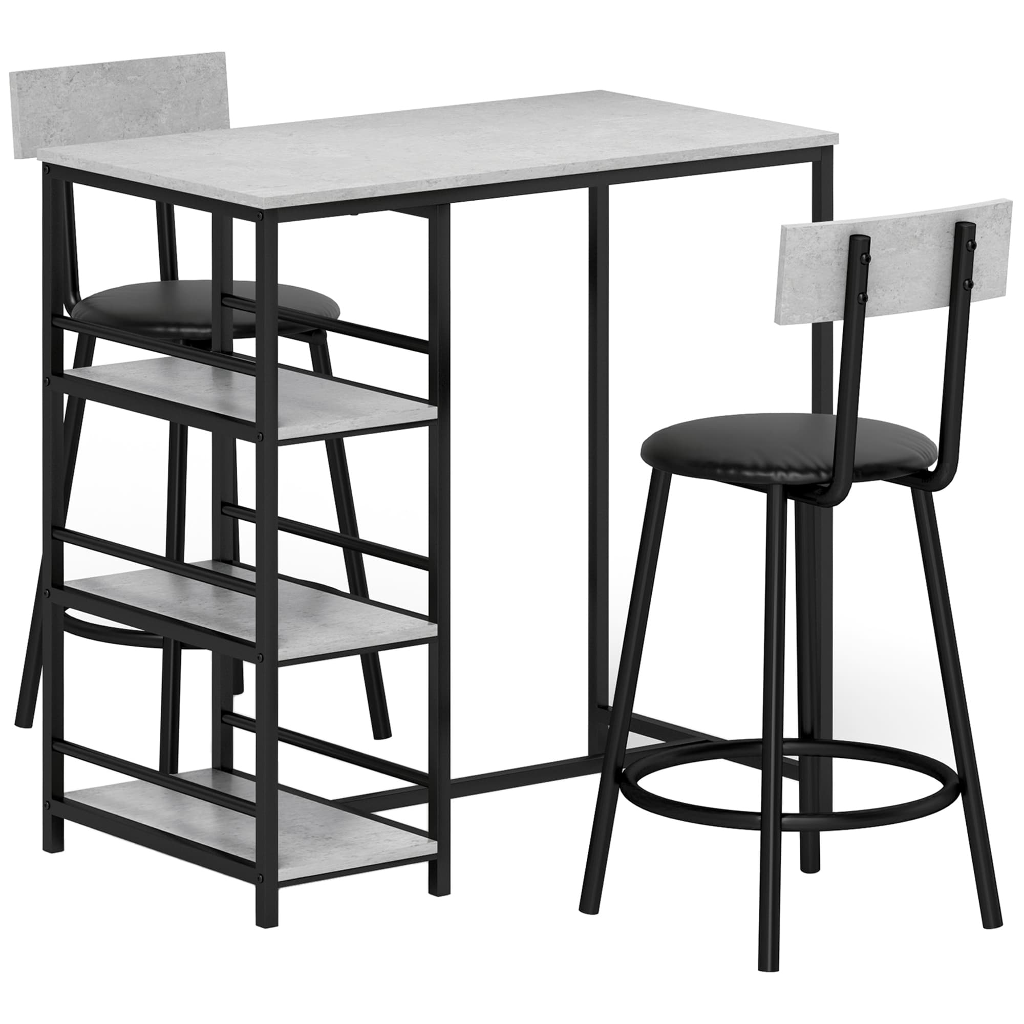 HOMCOM Ensemble table de bar avec 2 tabourets et étagères de rangement pour salle à manger, cuisine, gris et noir
