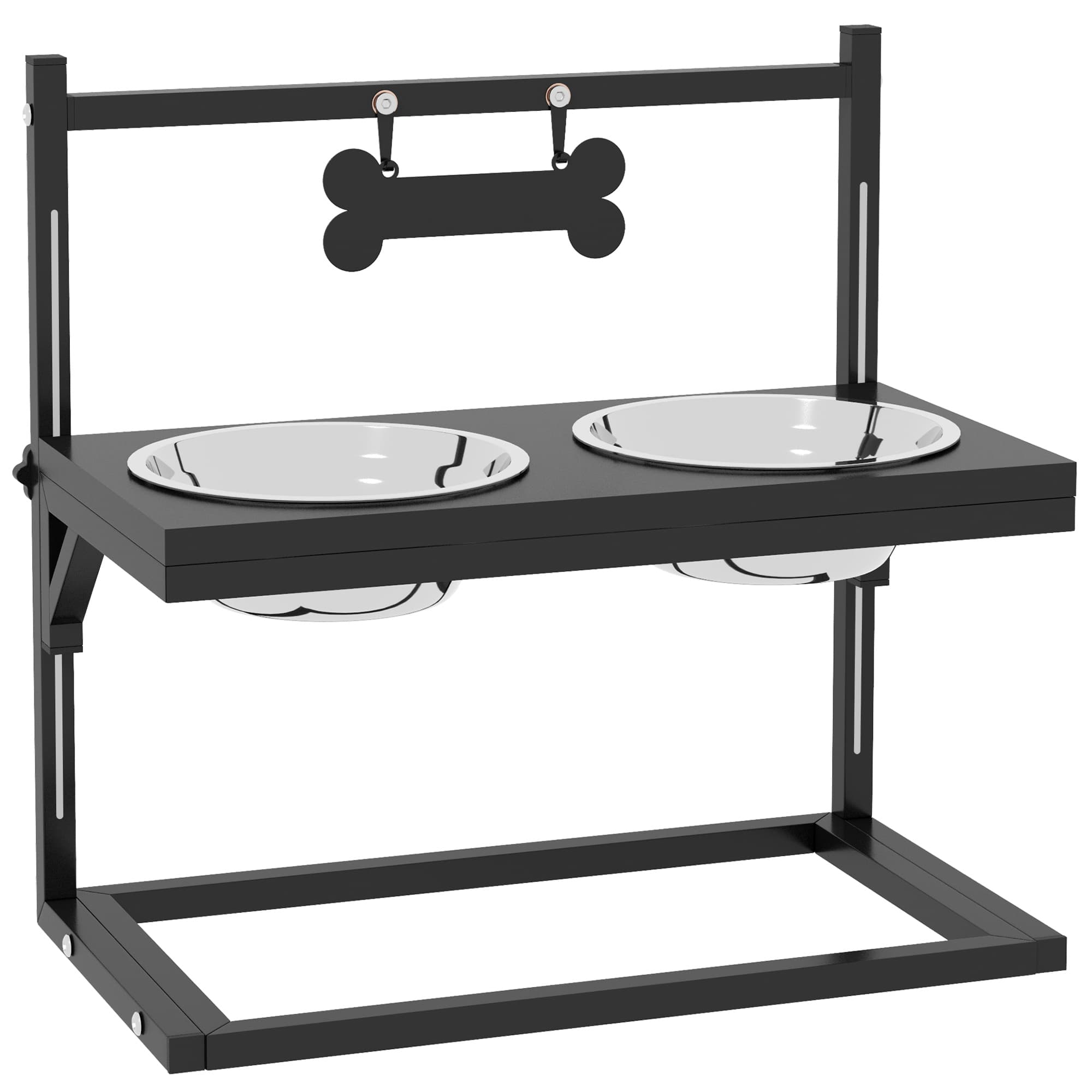 PawHut Support Gamelles Réglable Chiens 2 Bols Inox Noir 11-33cm Aosom France
