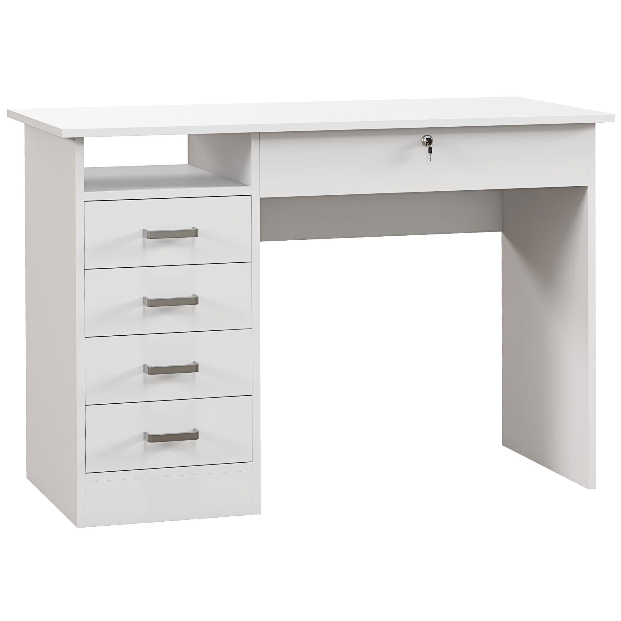 HOMCOM Bureau moderne avec 5 tiroirs, grand plateau, 1 compartiment ouvert, tiroir verrouillable, 110 x 50 x 76cm, blanc