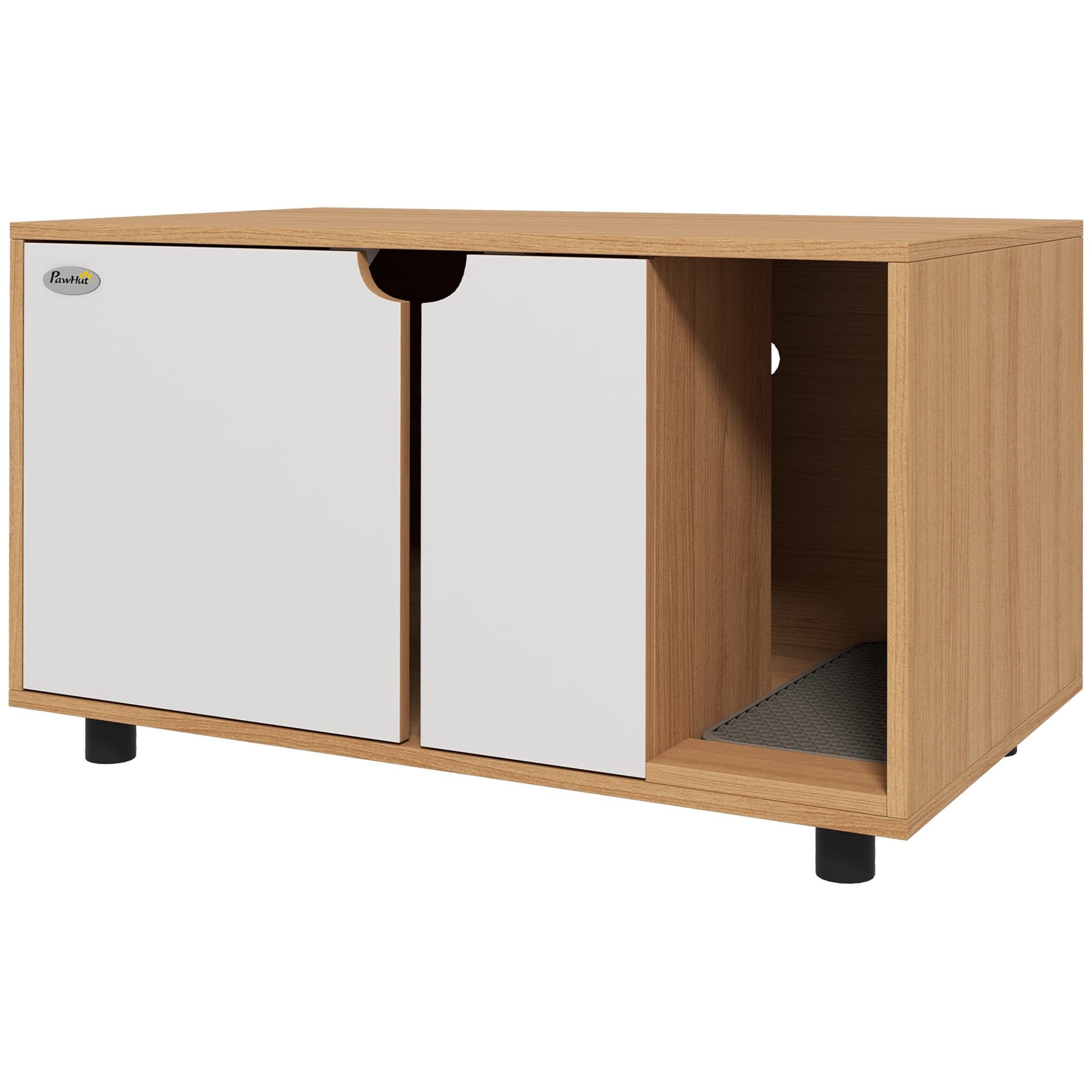 PawHut Meuble à litière maison de toilette sur pieds pour chat 2 en 1 portes style scandinave 80 x 48 x 48 cm naturel et blanc