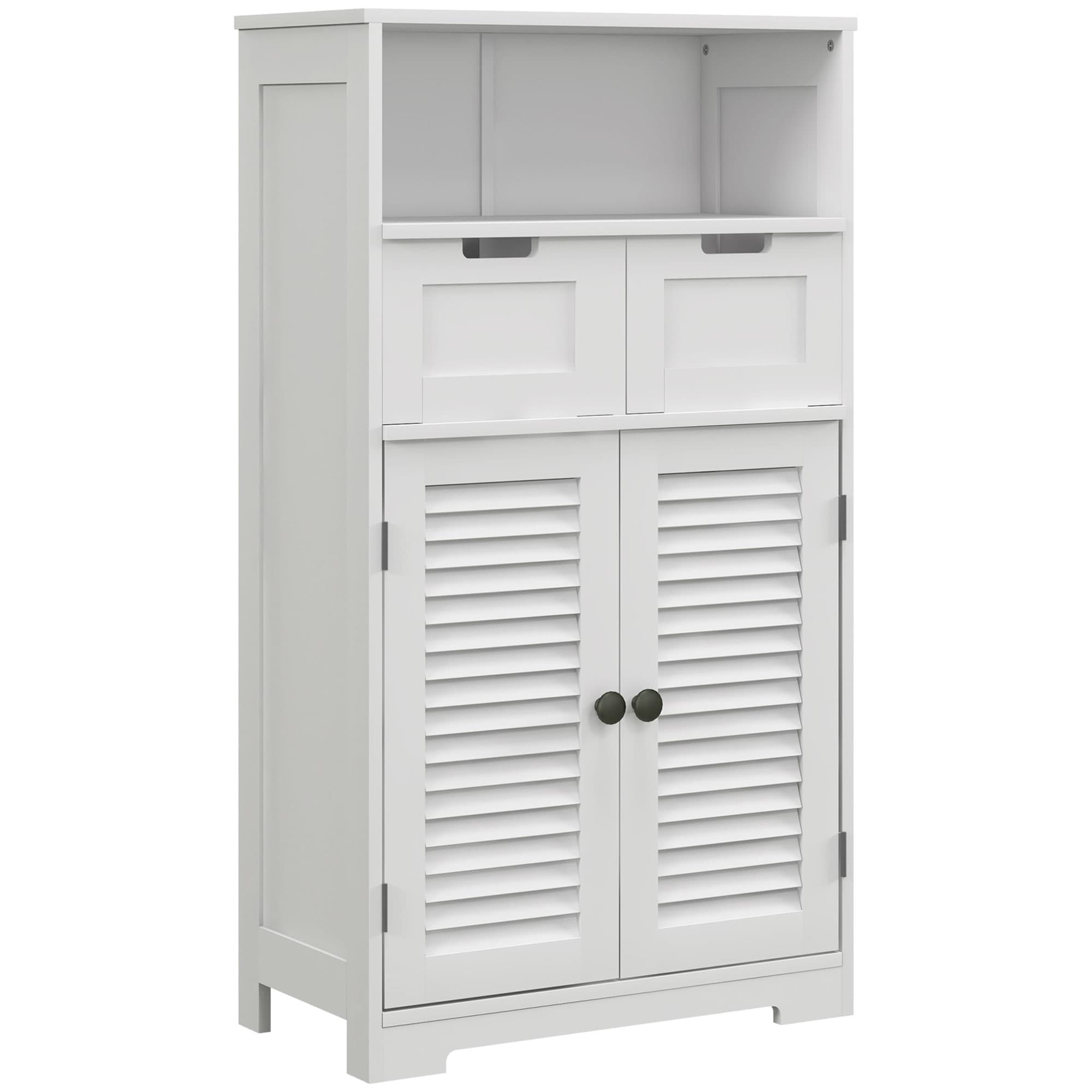 kleankin Meuble Armoire Salle de Bain 2 Portes Étagère Réglable 2 Tiroirs Niche Blanc 61x30.5x109.5cm Aosom France